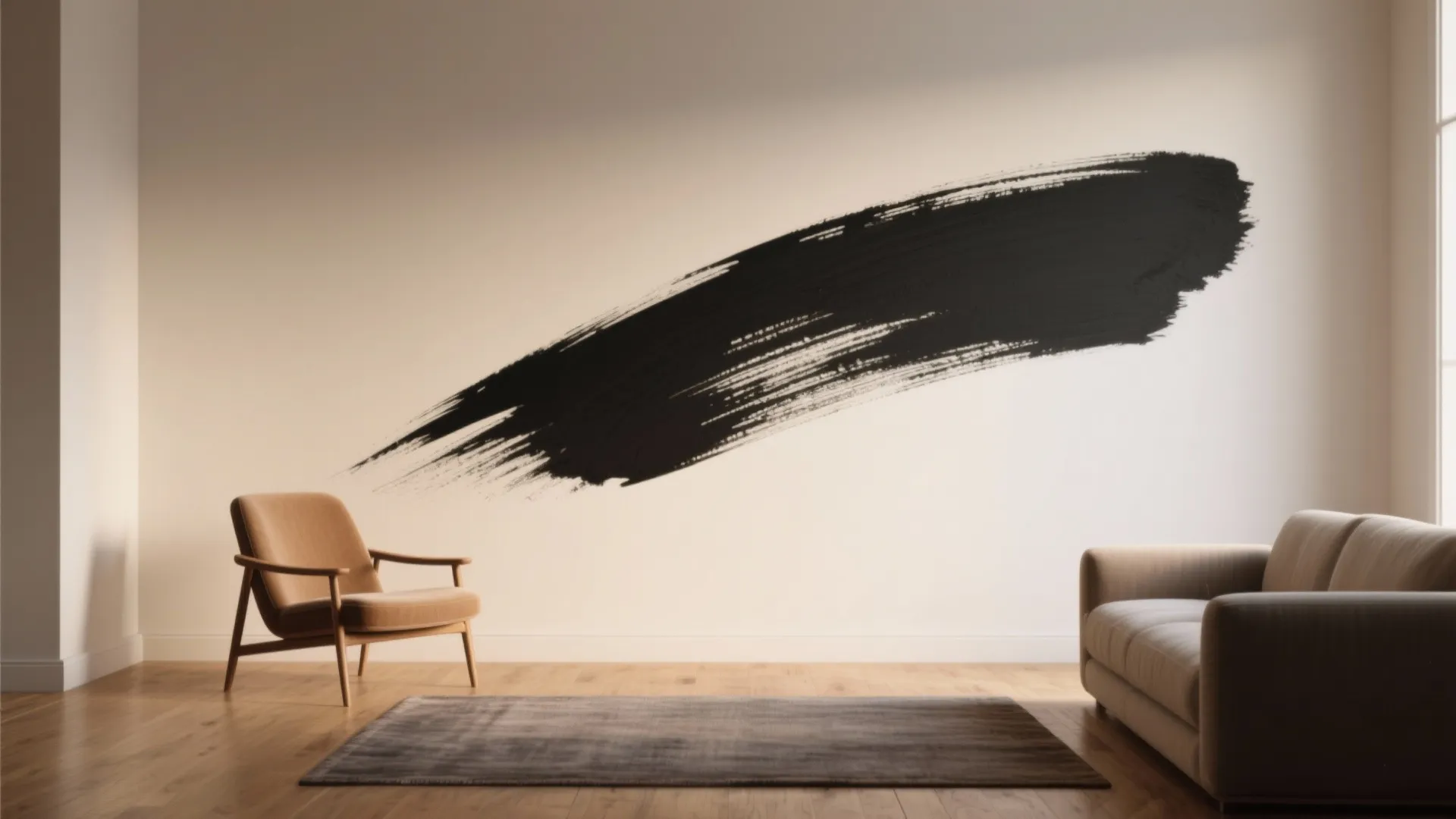 Minimalist living room with black brush stroke wall art tan sofa wood floor and rug