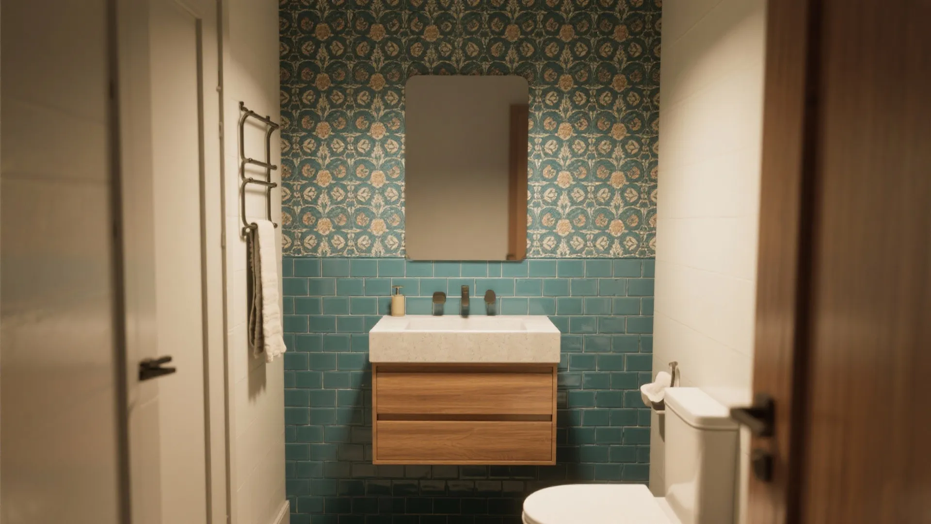 Small bathroom featuring teal wall tiles patterned wallpaper wooden cabinet white sink mirror and toilet