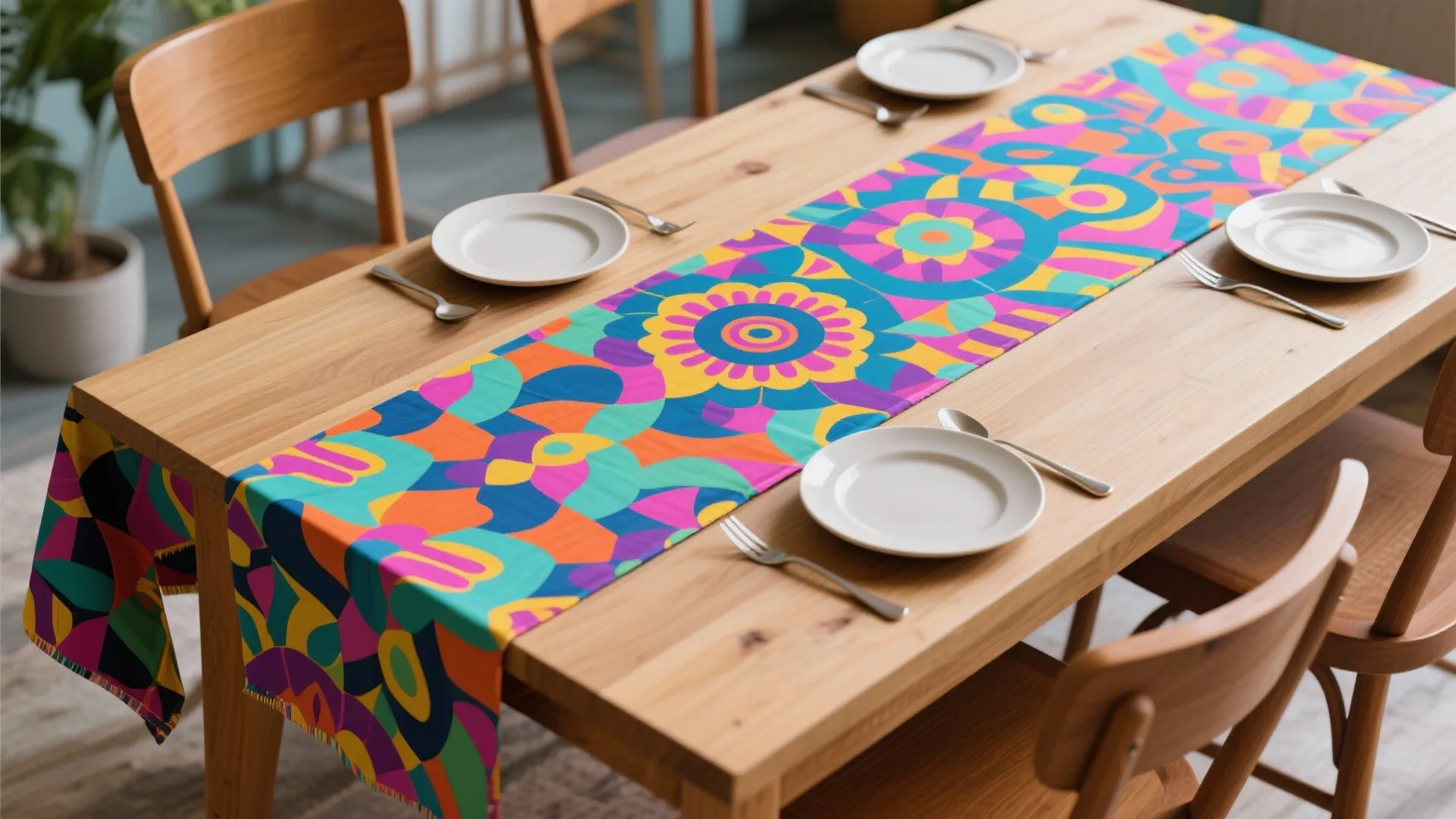 Bold patterned tablecloth with simple tableware