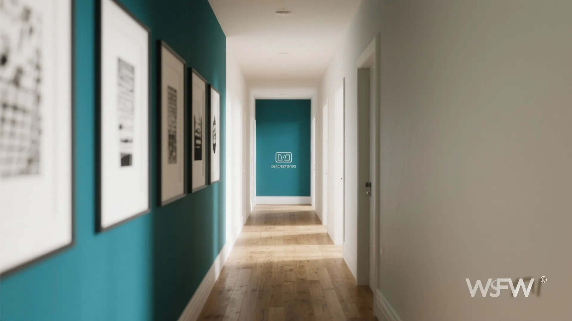 Long hallway with teal accent wall white picture frames wooden flooring and bright natural lighting