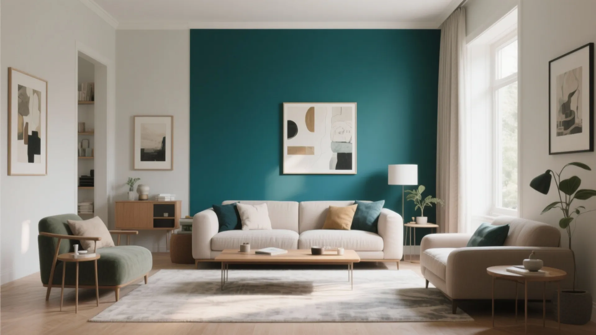 Living room with bold teal wall beige sofa green armchair wooden coffee table and framed art