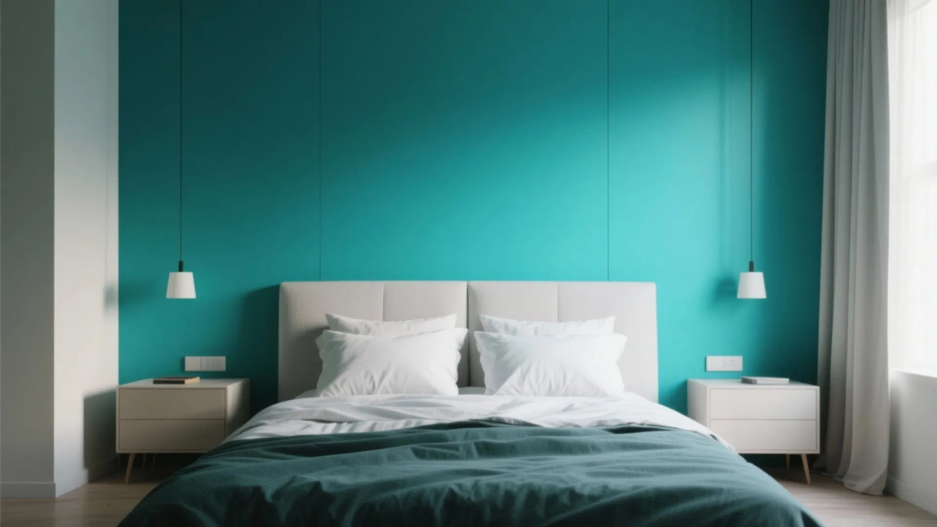 Modern bedroom featuring a bold teal accent wall with white bed and two small ceiling lights