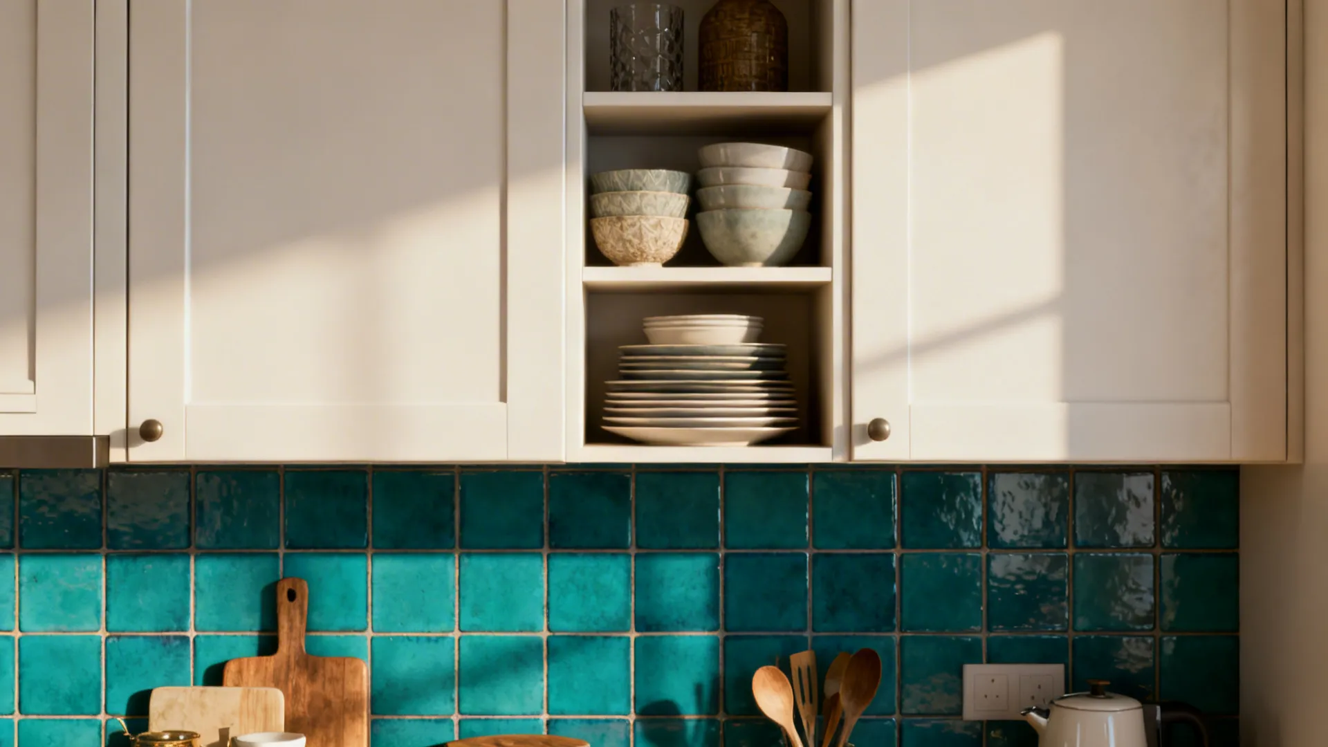 White cabinets with open shelving and a bold teal tile backsplash adding layered color.