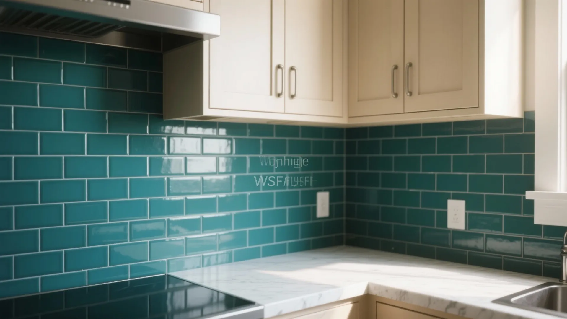 Small kitchen with a bold deep teal subway tile backsplash