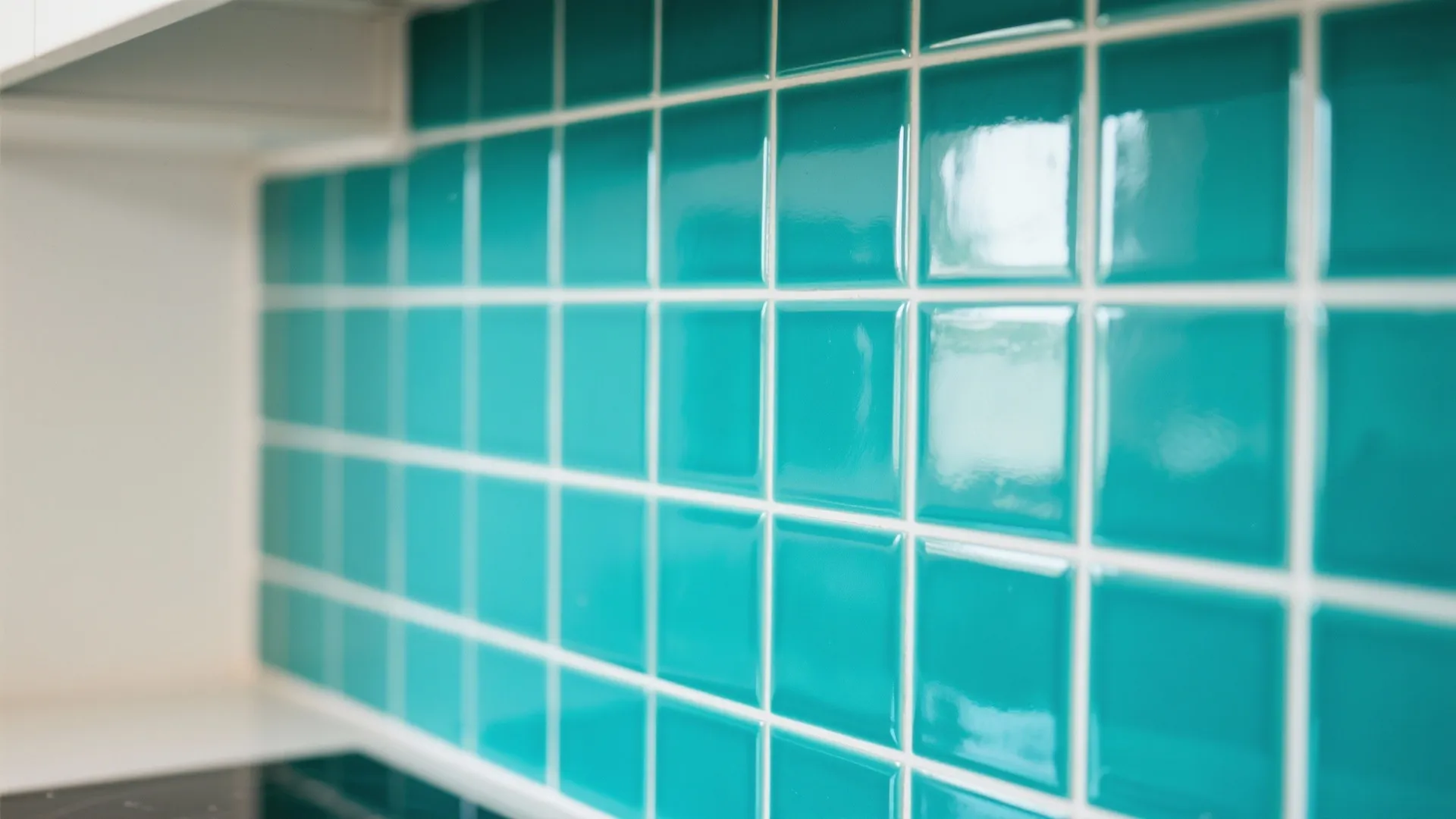 Bold teal ceramic tile backsplash adds personality to kitchen