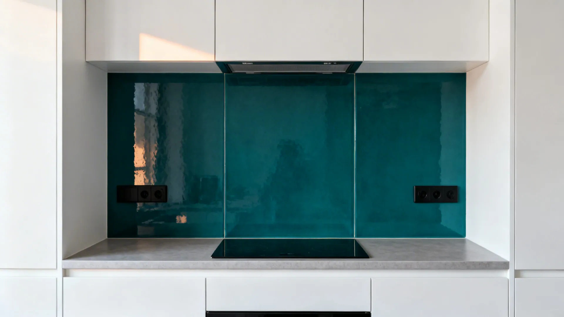 White compact kitchen featuring a deep teal full-height slab backsplash as the focal point.