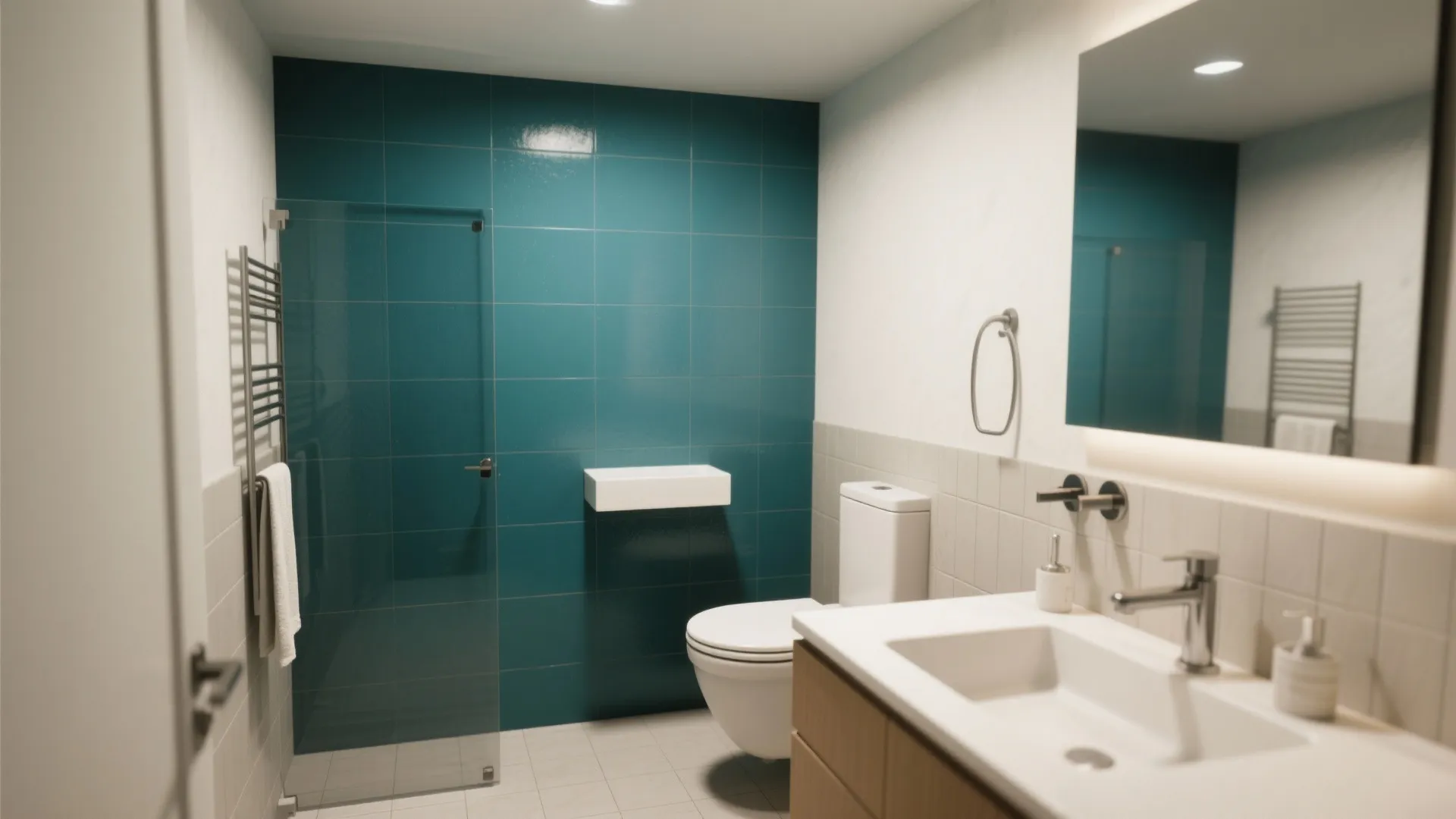 Modern bathroom with teal wall tiles, white toilet, glass shower door, wooden cabinet, and mirror