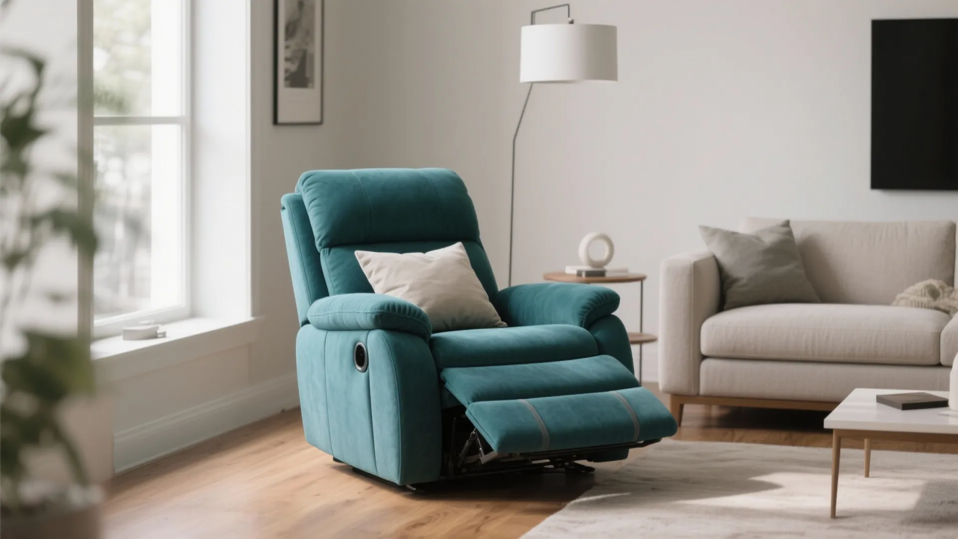 Deep teal fabric recliner with neutral living room decor