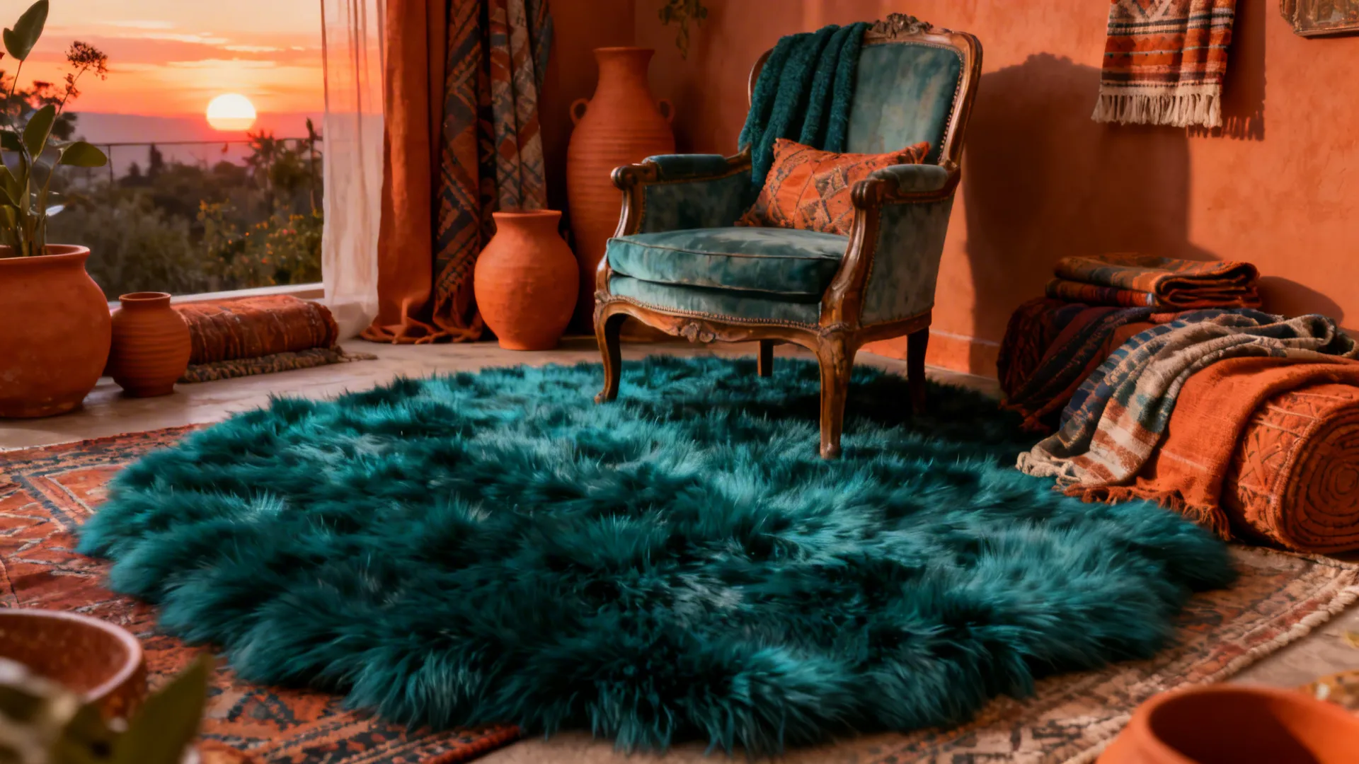 Eclectic living room with a deep teal faux fur rug as a bold statement piece under a vintage chair.