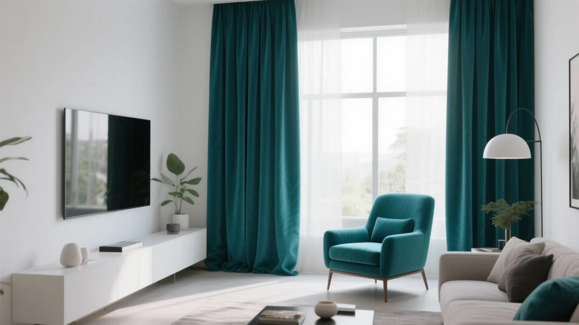 Modern living room with teal curtains, teal armchair, white cabinet, television, and green house plant