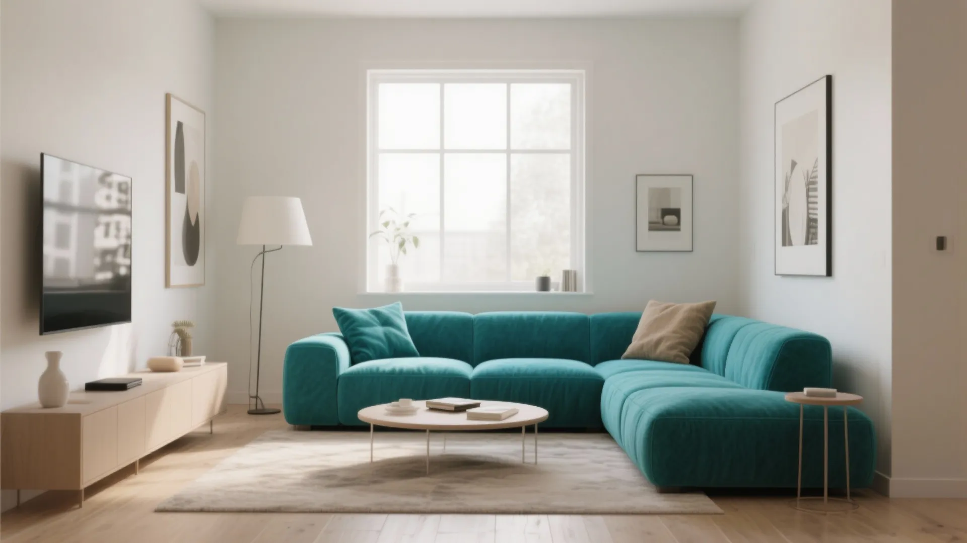 Bold teal sectional sofa in a small neutral living room