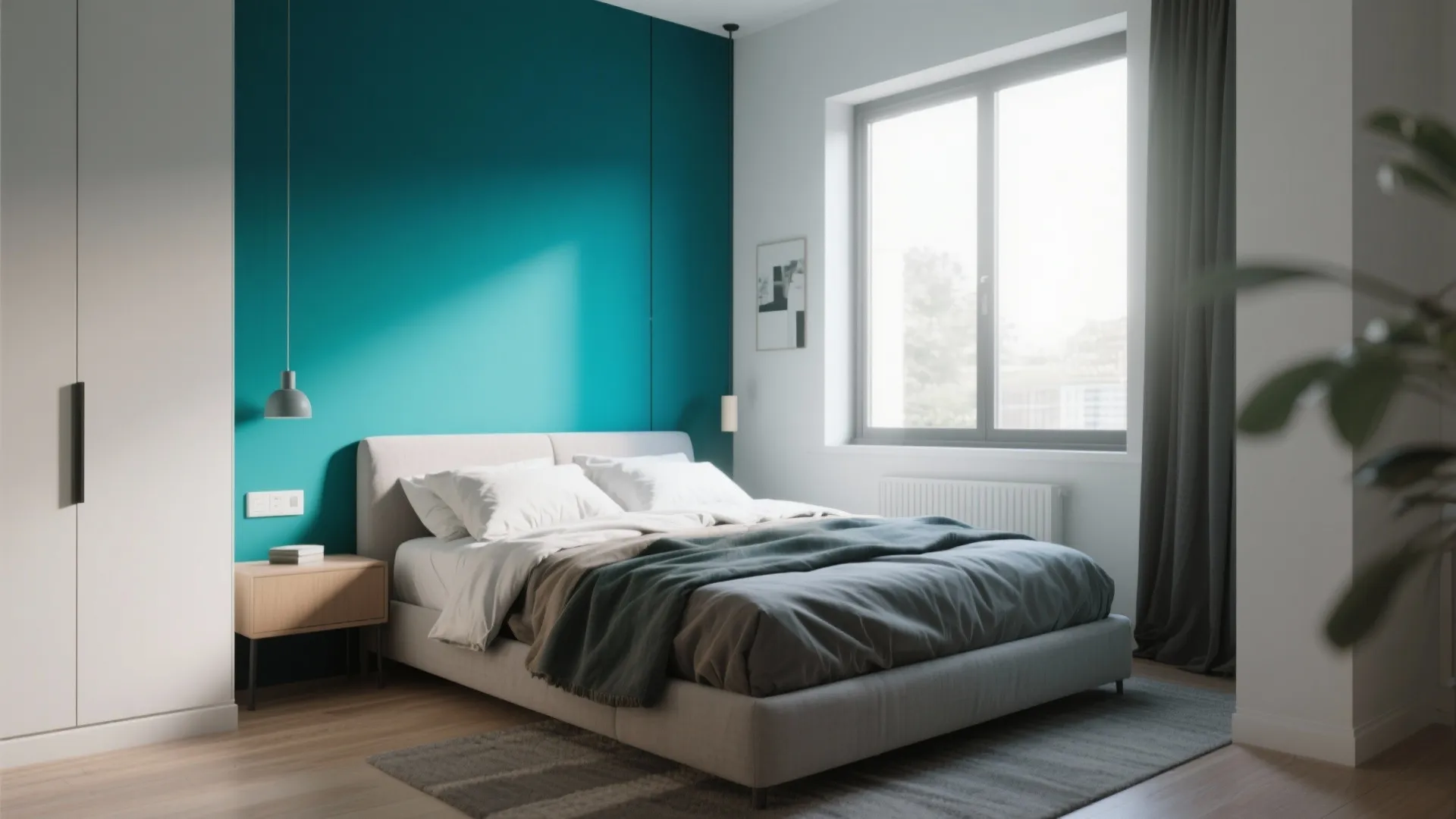 Bedroom interior featuring a teal accent wall, grey bed, wooden side table, and natural sunlight