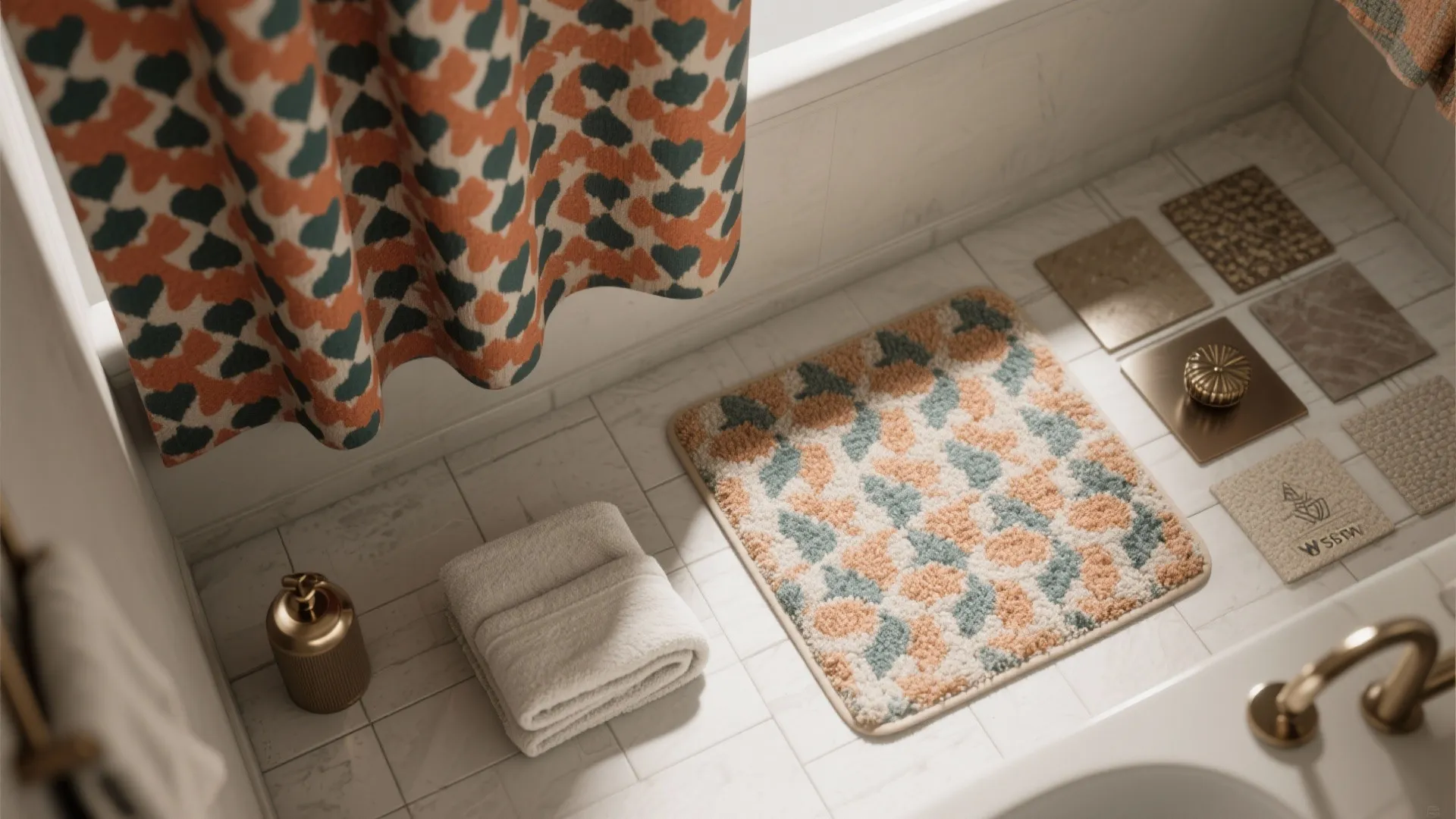 Top-down flatlay of a bold shower curtain swatch, bath mat and towels arranged on a neutral tile sample background.