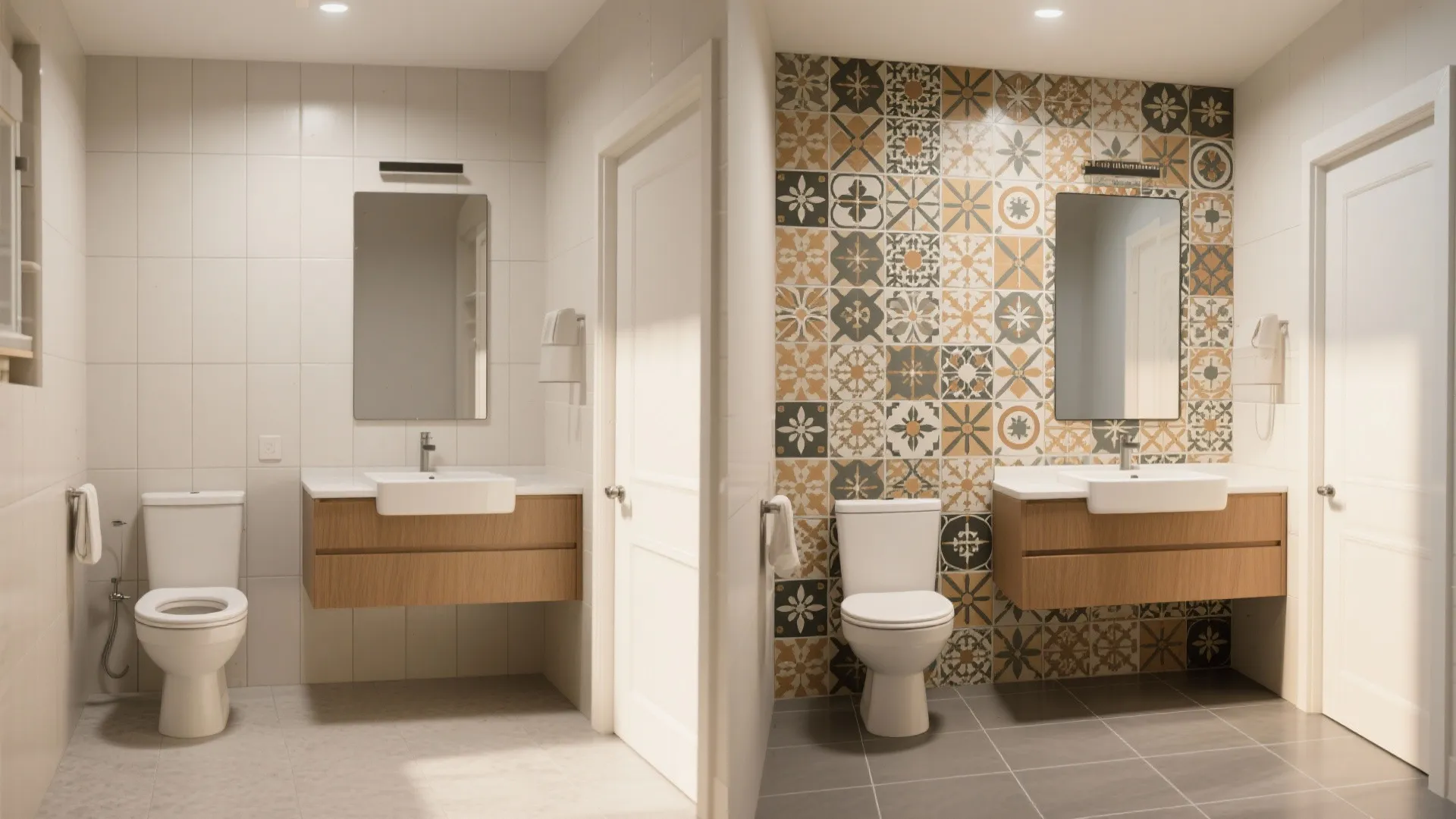 Before and after comparison of plain white bathroom wall versus decorative pattern wall tile design