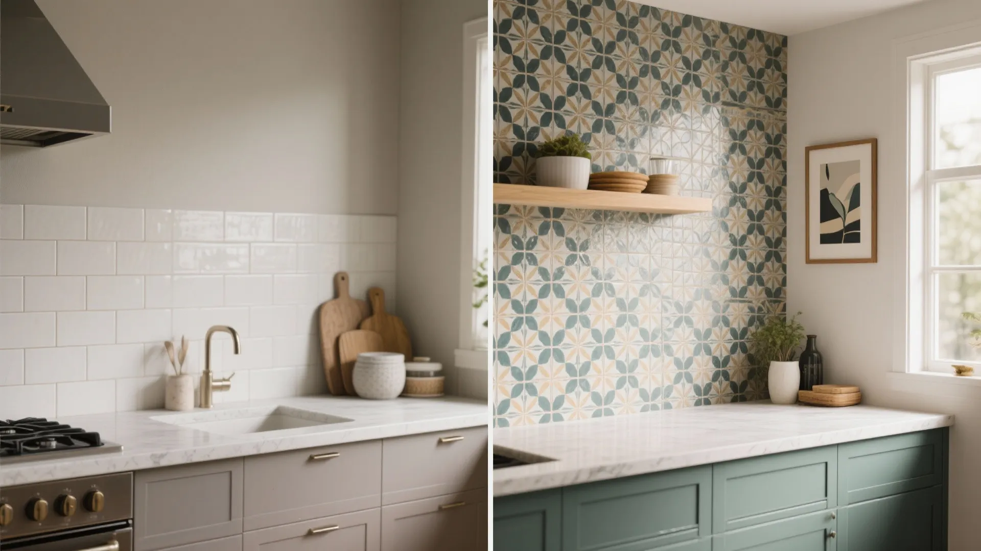 Comparison of plain white kitchen tiles and decorative green patterned tiles with modern green cabinets