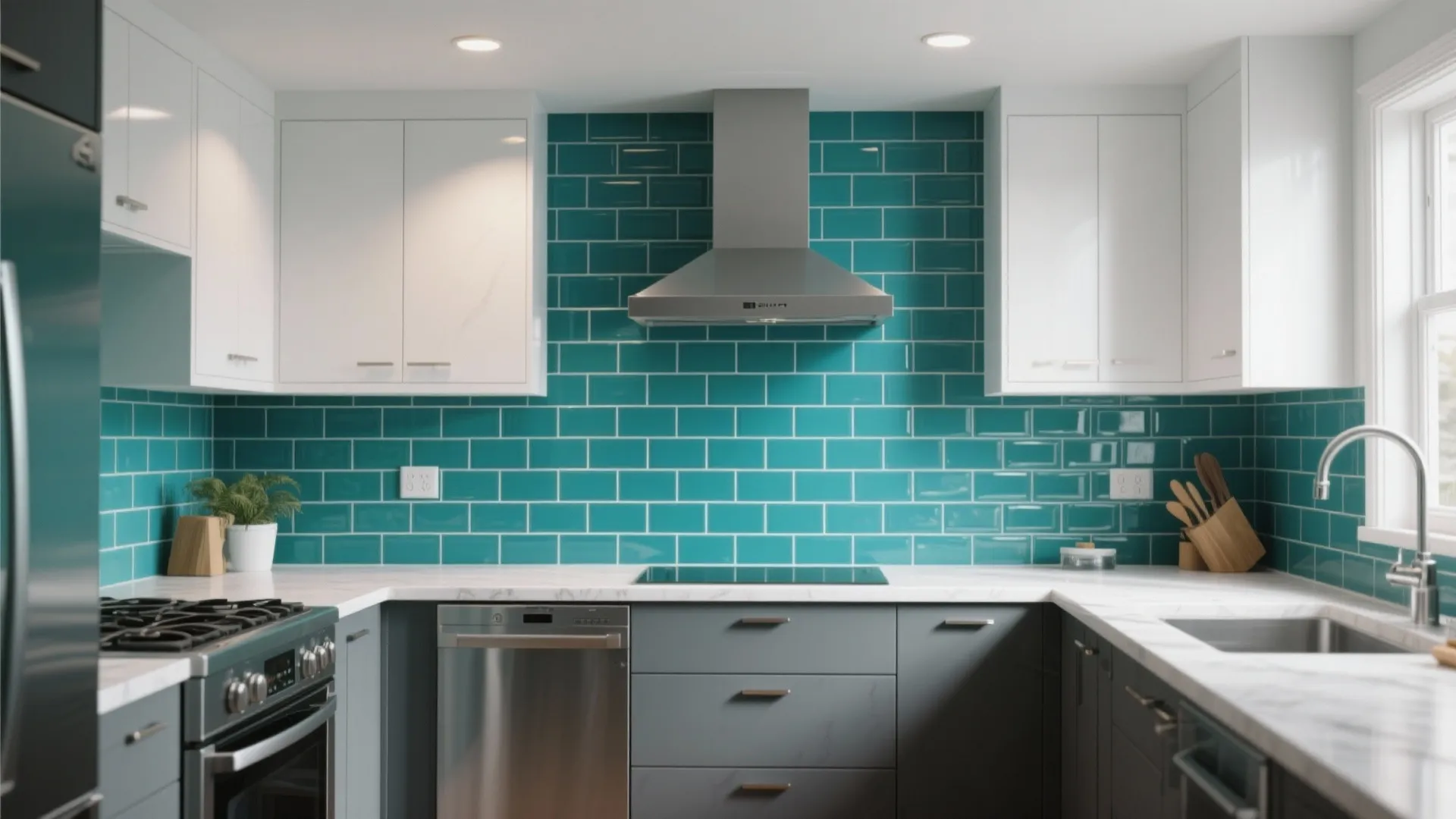 U-shaped kitchen featuring bold teal subway tile backsplash, white upper cabinets, and dark grey drawers