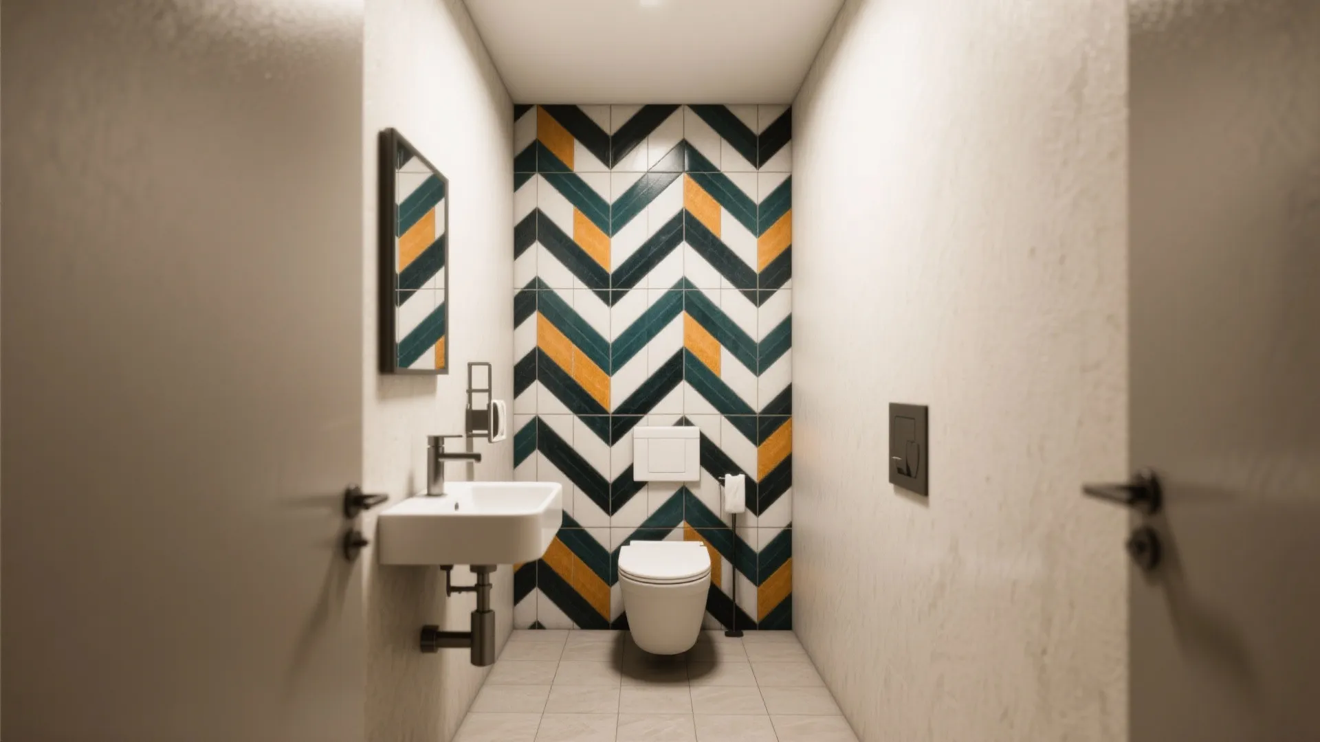 Small bathroom featuring colorful zig zag wall tiles, white toilet, small sink, and white walls