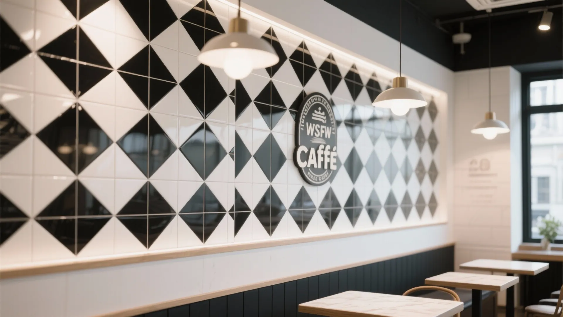Modern cafe interior with black and white diamond wall tiles, hanging light fixtures, and small tables