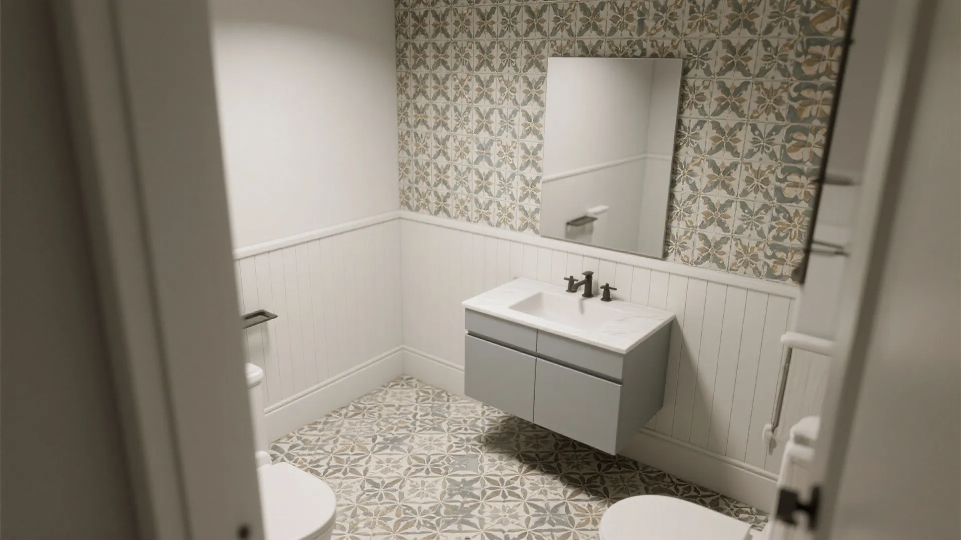 Light-gray vanity contrasted with encaustic-look floor tile and a graphic accent wall