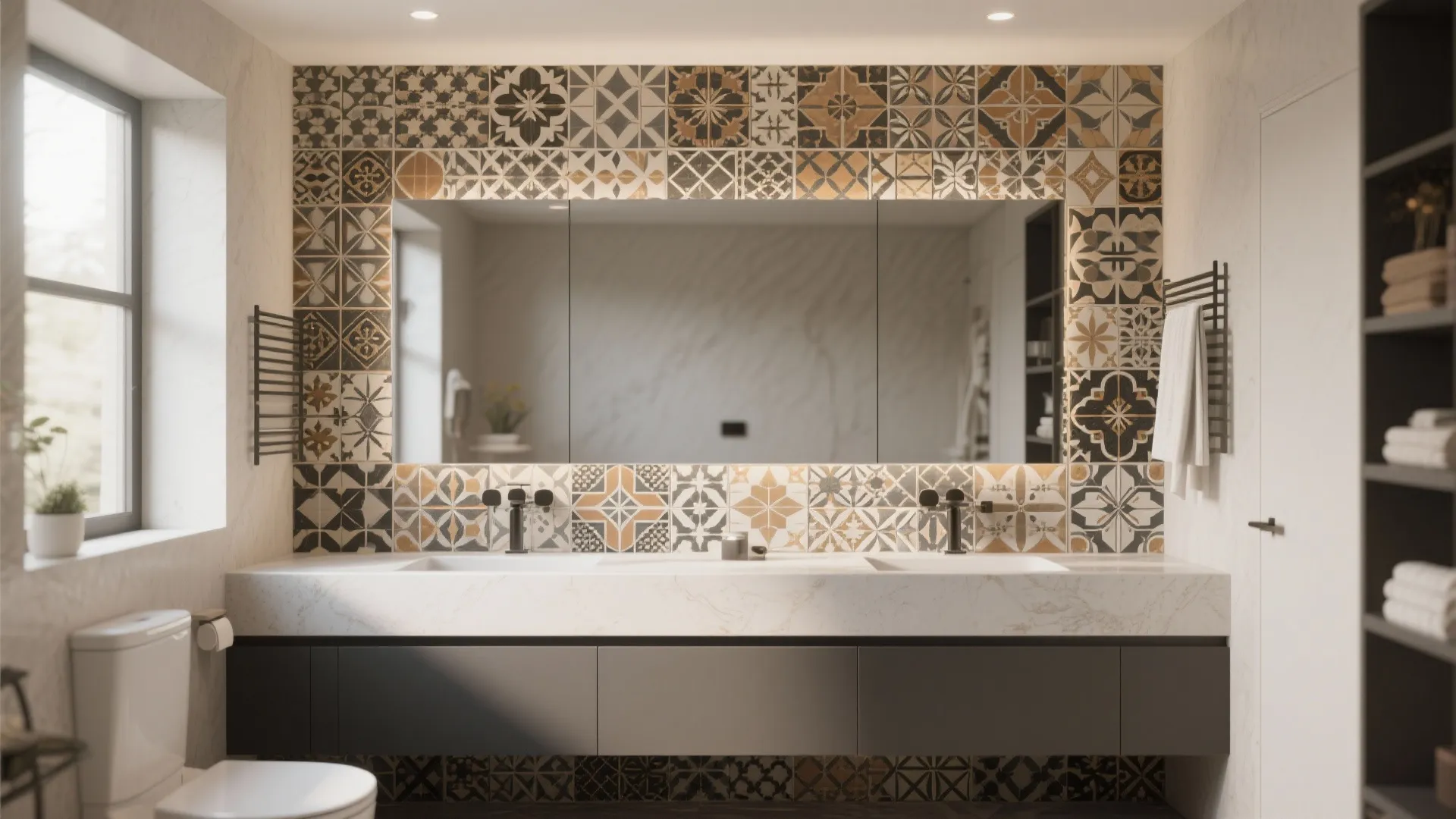 Bathroom vanity with large mirror colorful patterned wall tiles double sinks and grey floating cabinet