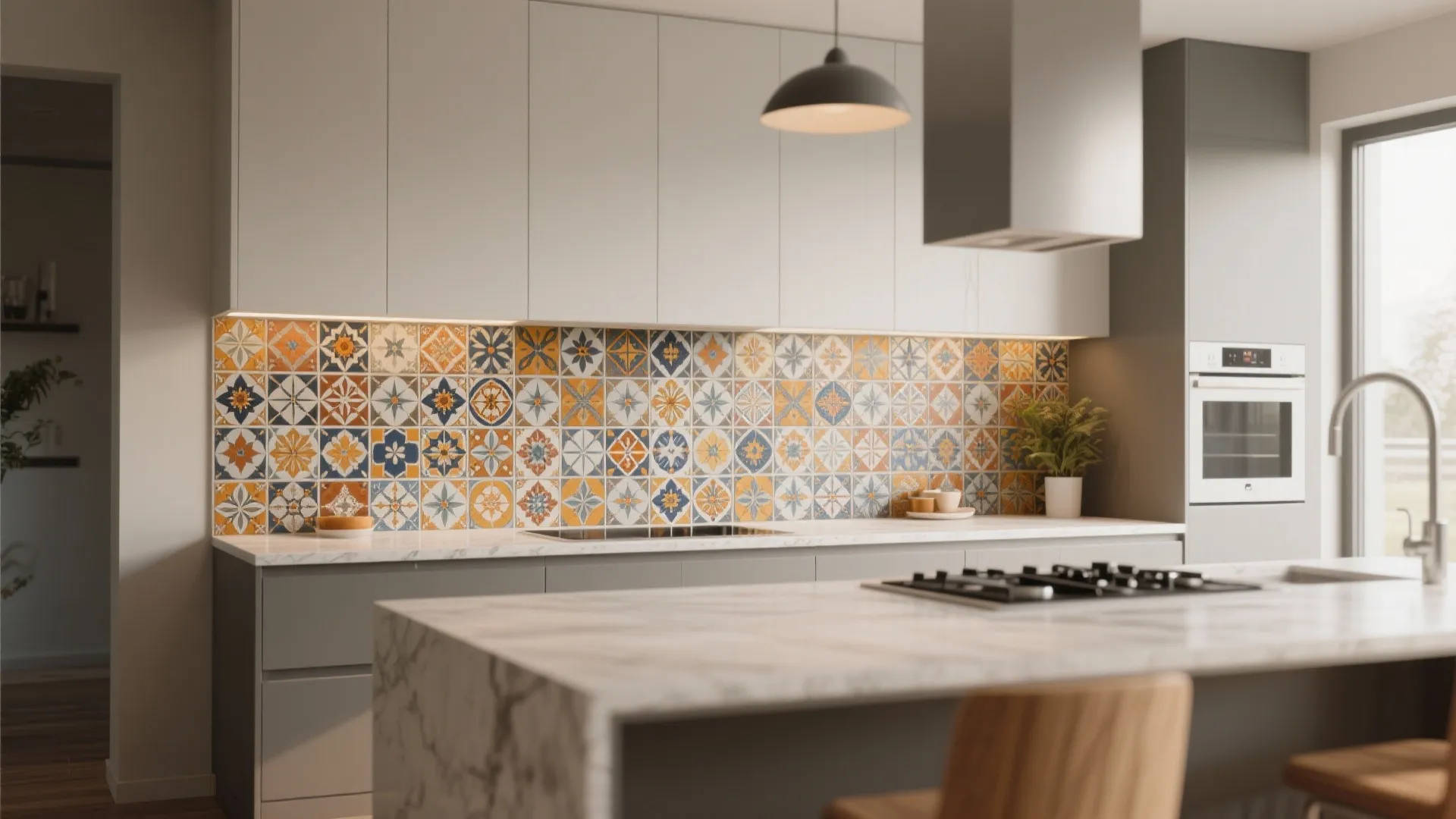 Modern kitchen featuring colorful patterned wall tiles, white cabinets, grey island, and a ceiling light