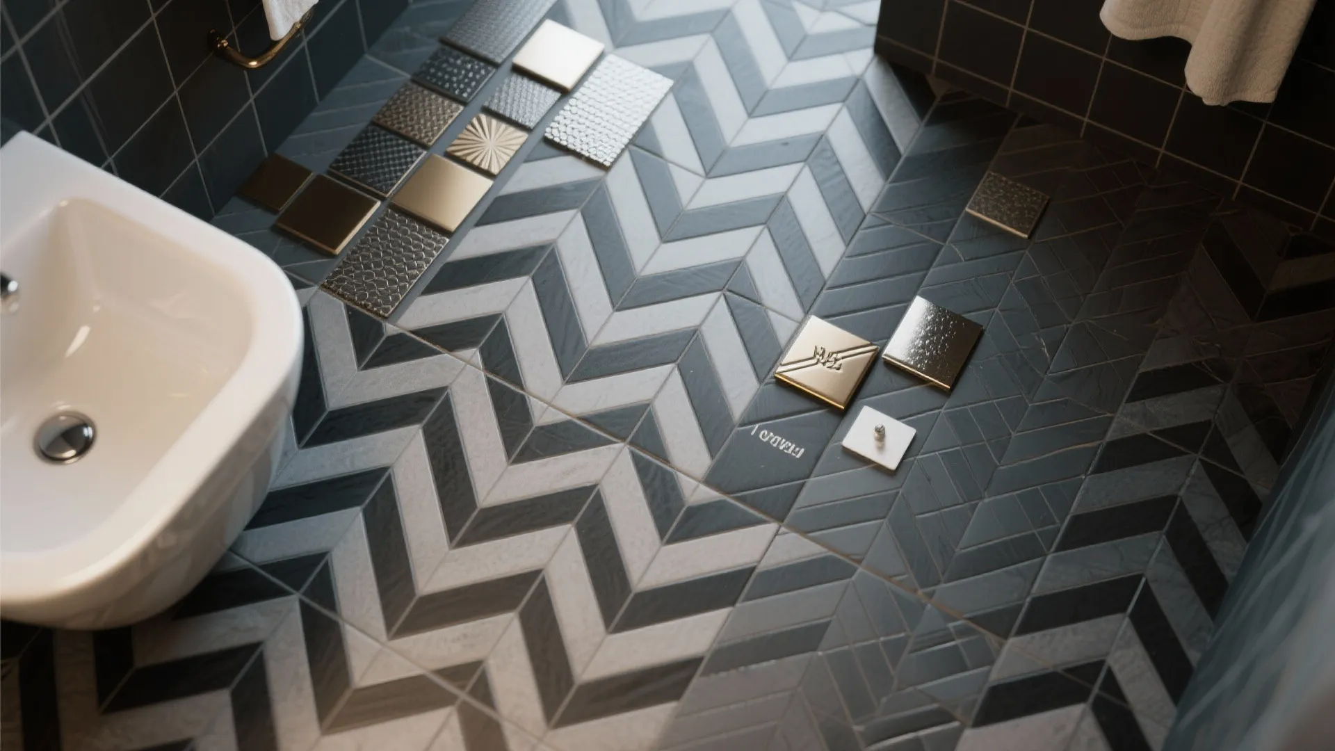 Modern bathroom floor with black and white chevron tiles next to a white ceramic sink