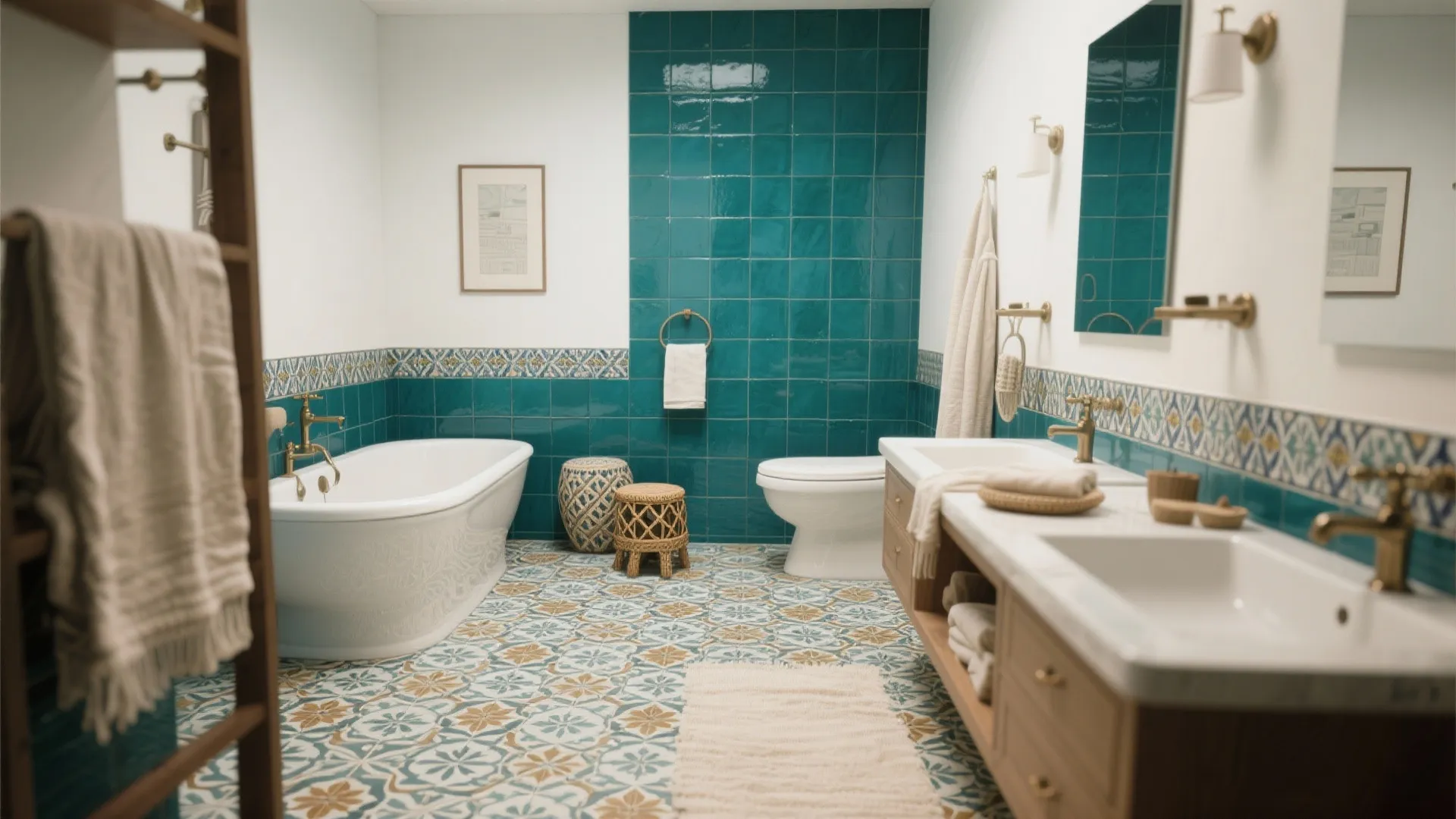 Bathroom with bold Spanish tile flooring and teal tiled wall