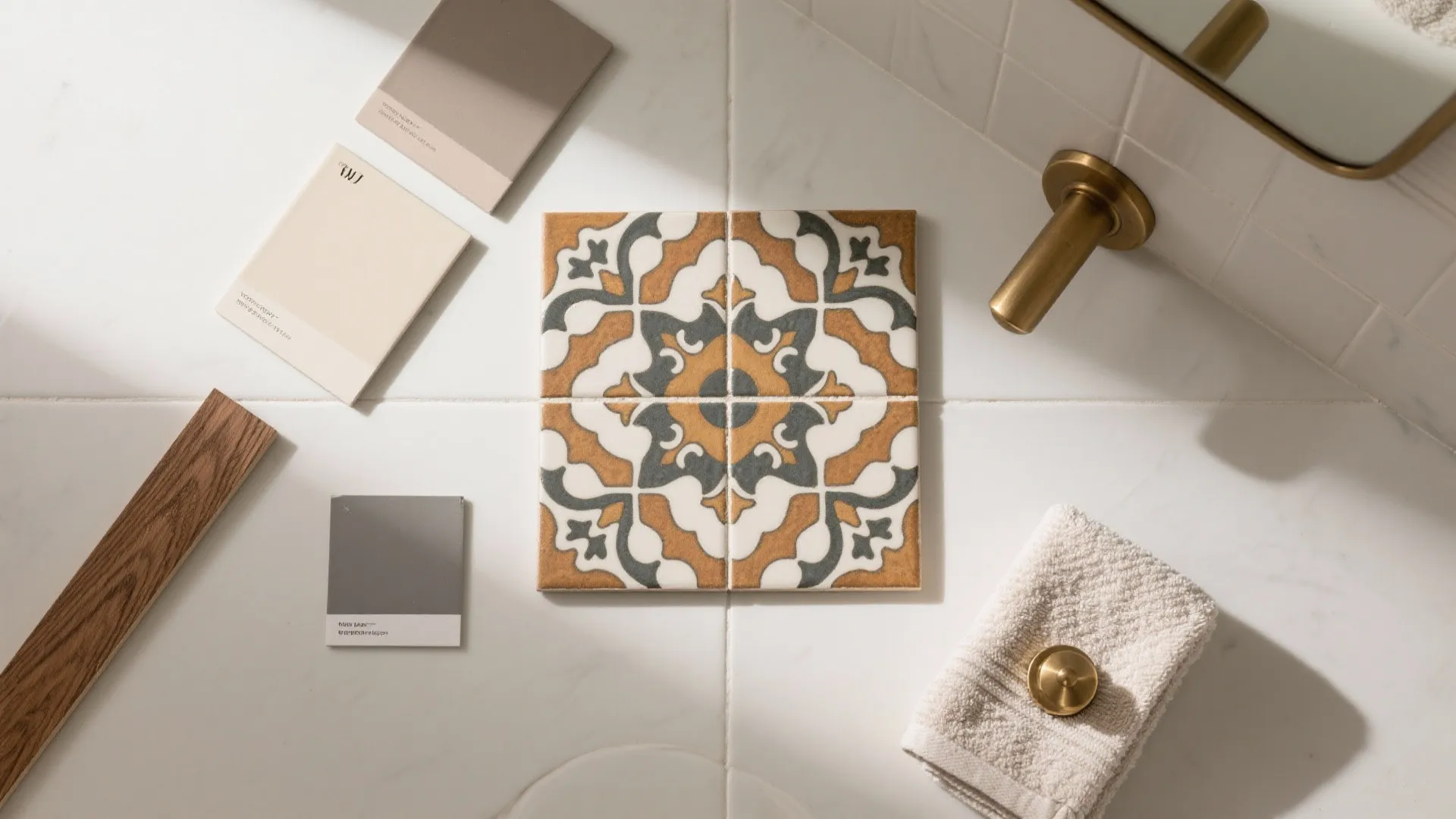 Patterned floor tile samples with wood pieces and color cards on a white marble floor