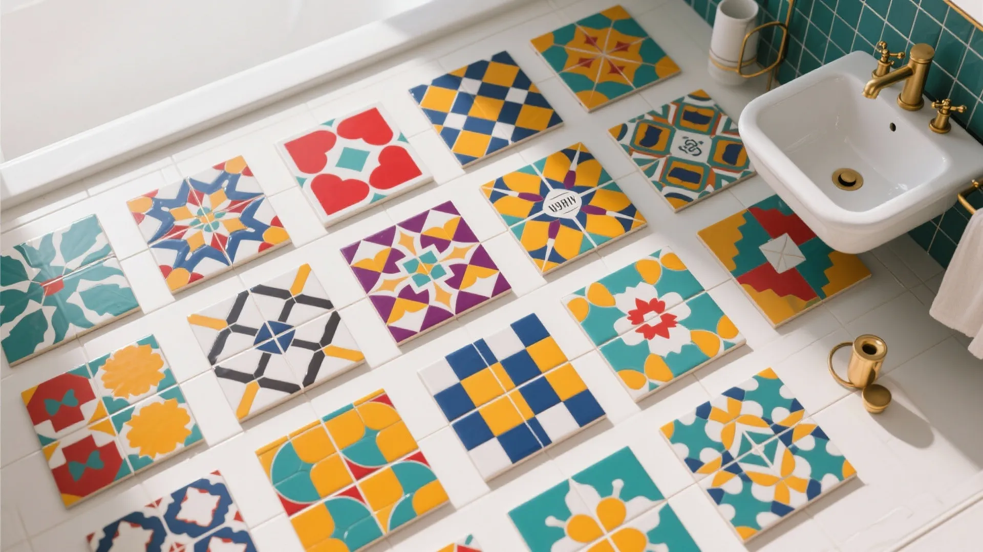 Colorful patterned tiles arranged on white floor near a sink with a gold water tap