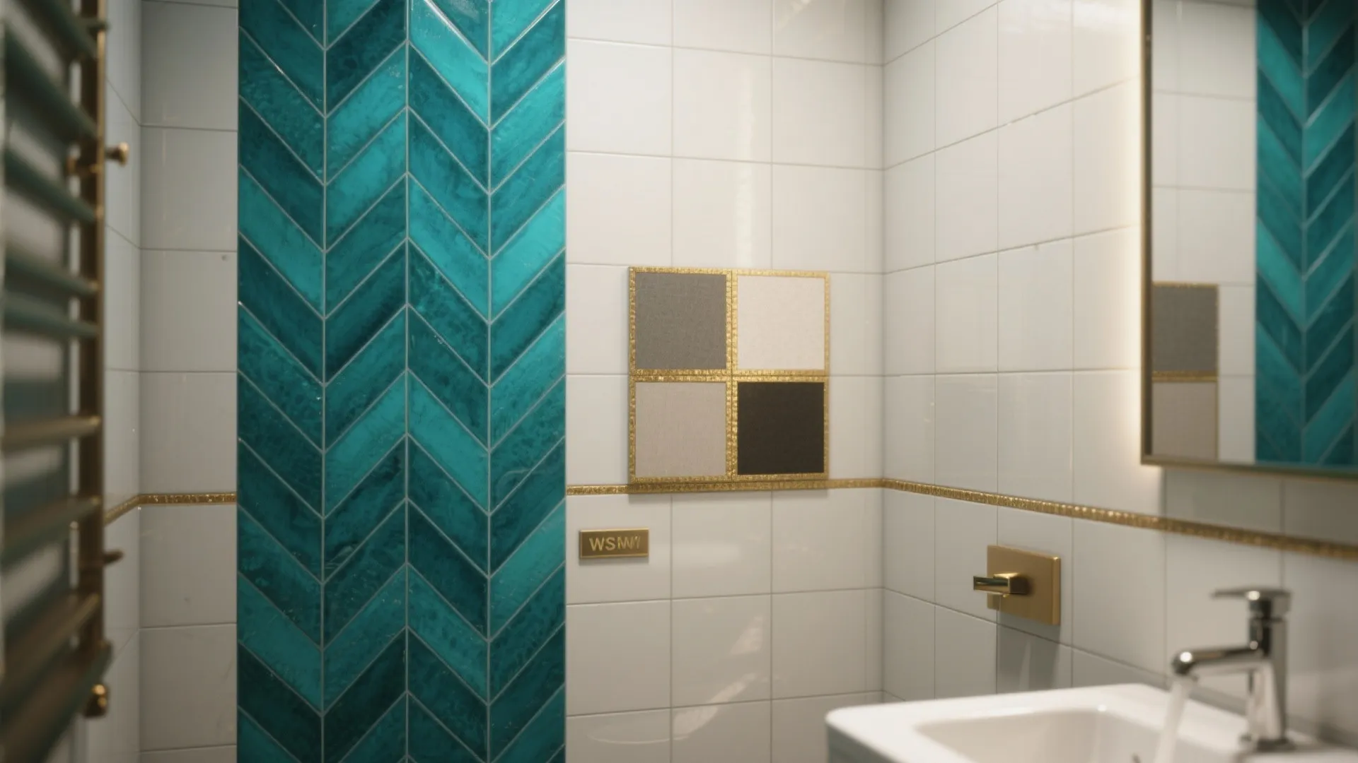 Modern bathroom wall with white square tiles and vertical green fishbone pattern near the sink