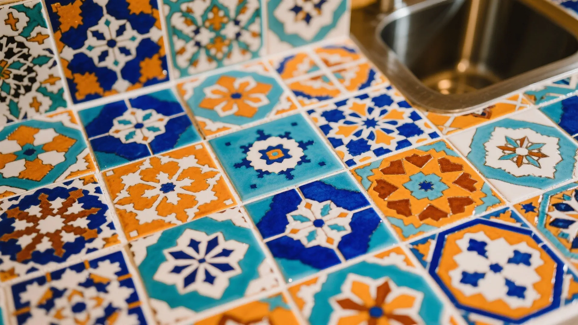 Close up of colorful blue and orange pattern wall tiles next to a kitchen sink area