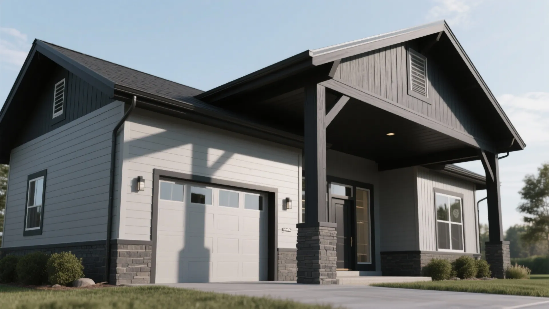 Modern house exterior with white siding and dark grey trim including a large garage door