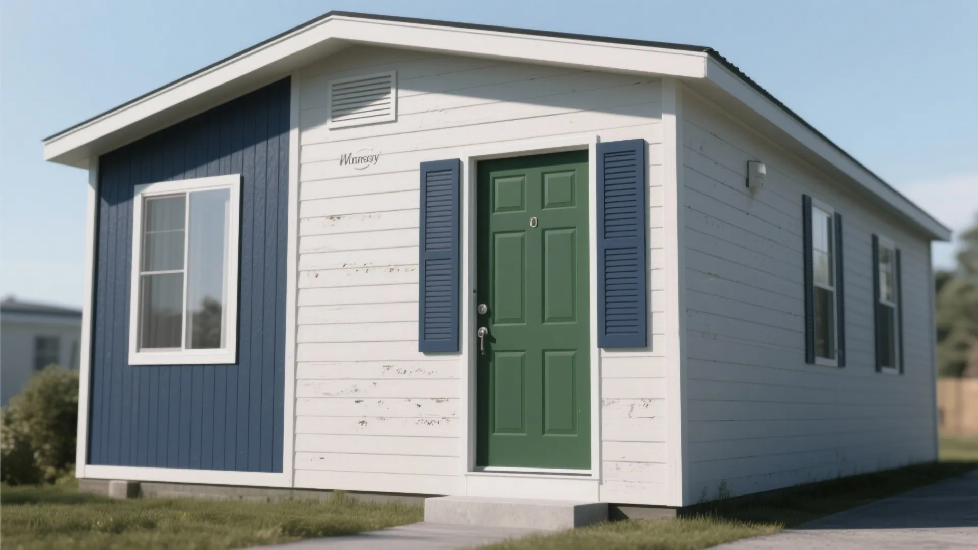 Neutral-bodied manufactured home featuring bold navy trim and a forest-green statement door.