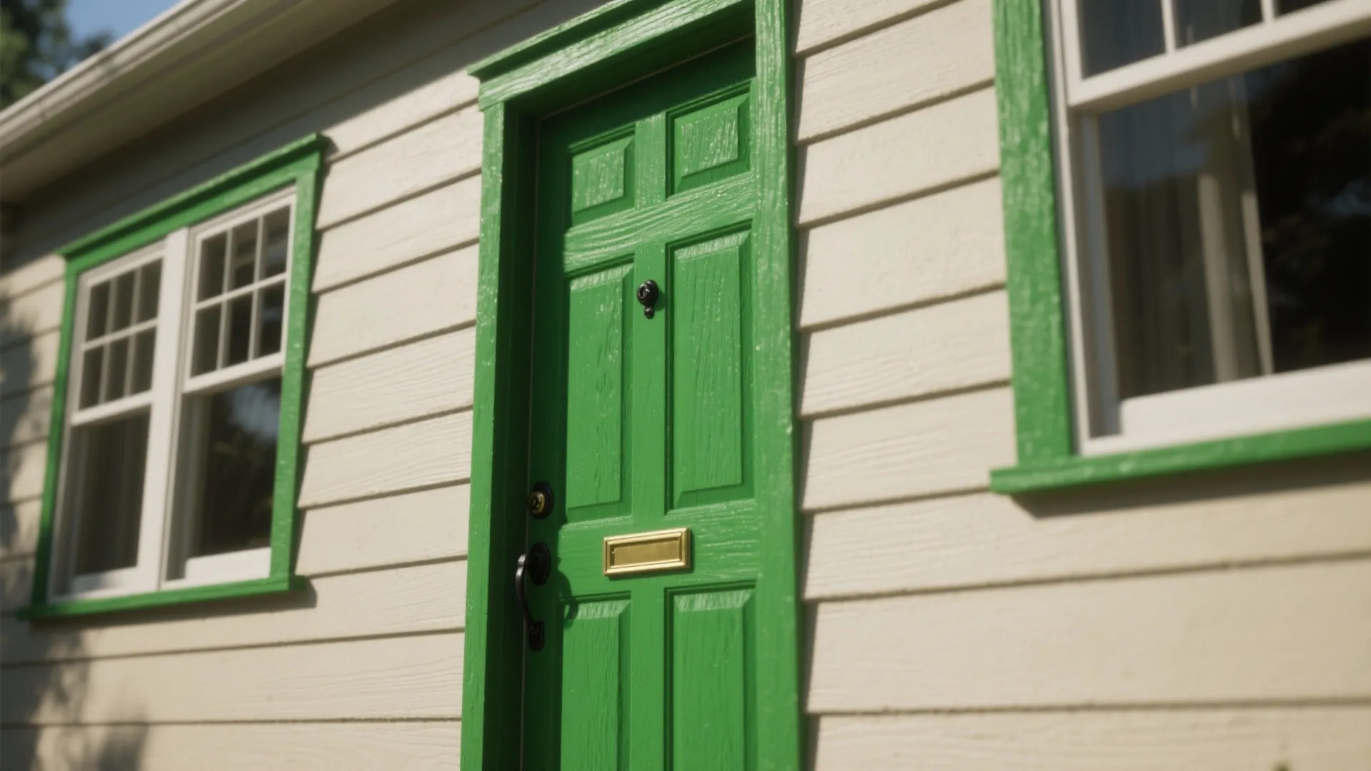 Close up of a bright green front door on a white house with green window trim