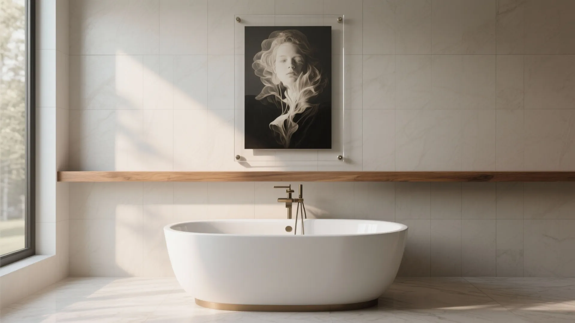 Modern white bathtub against a tiled wall with a wooden shelf and black portrait art