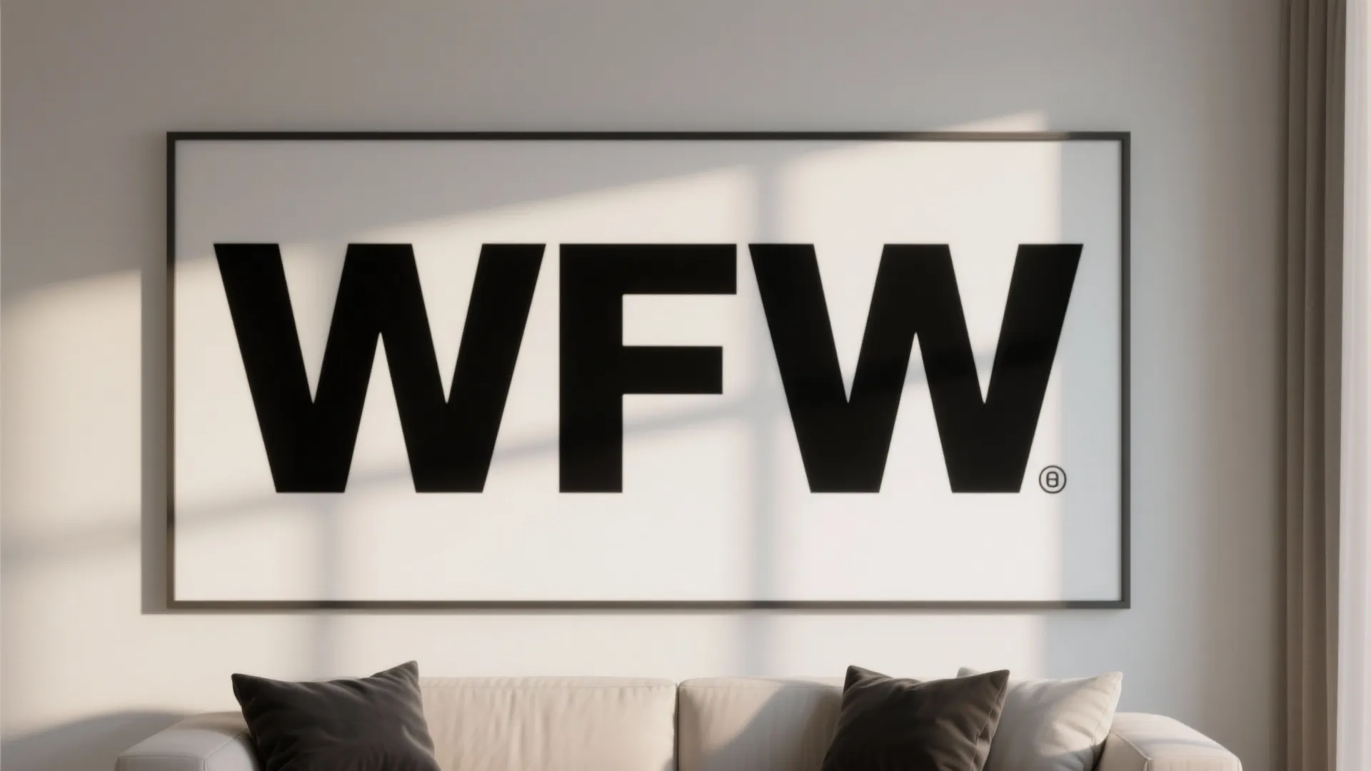Large horizontal wall art with bold black letters above a white sofa with dark pillows