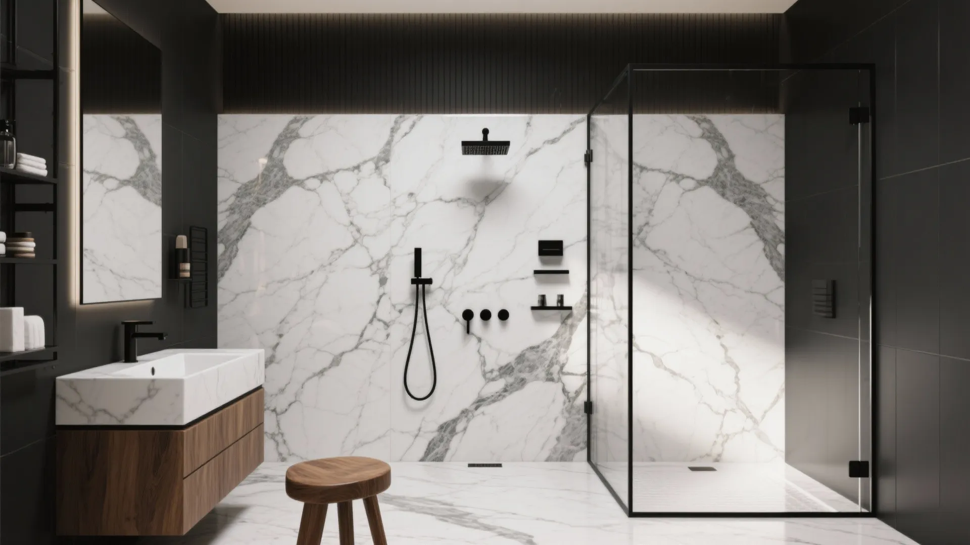 Bold Veining with Matte Black Fixtures for Modern Contrast