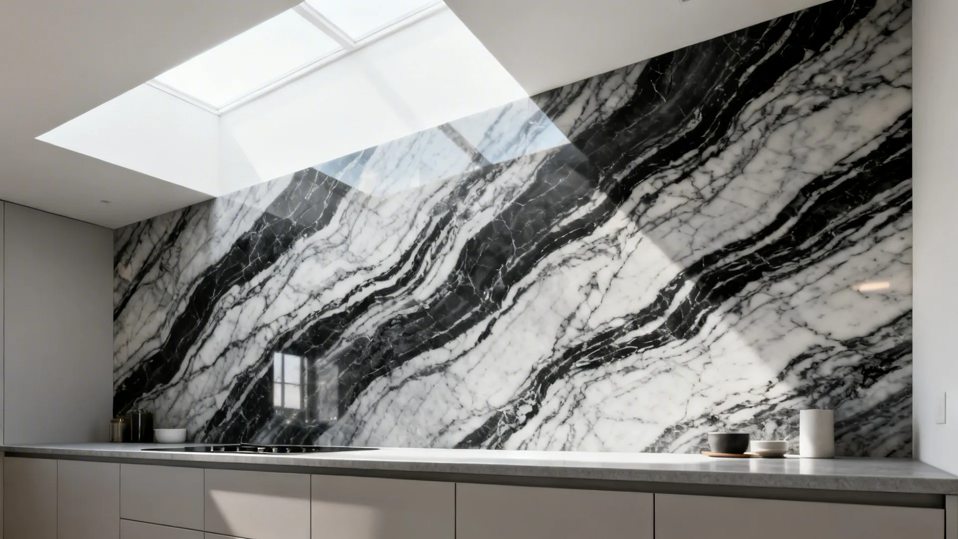 Narrow galley kitchen with a bold-veined quartz slab backsplash and minimal upper cabinets for a tall, dramatic look.
