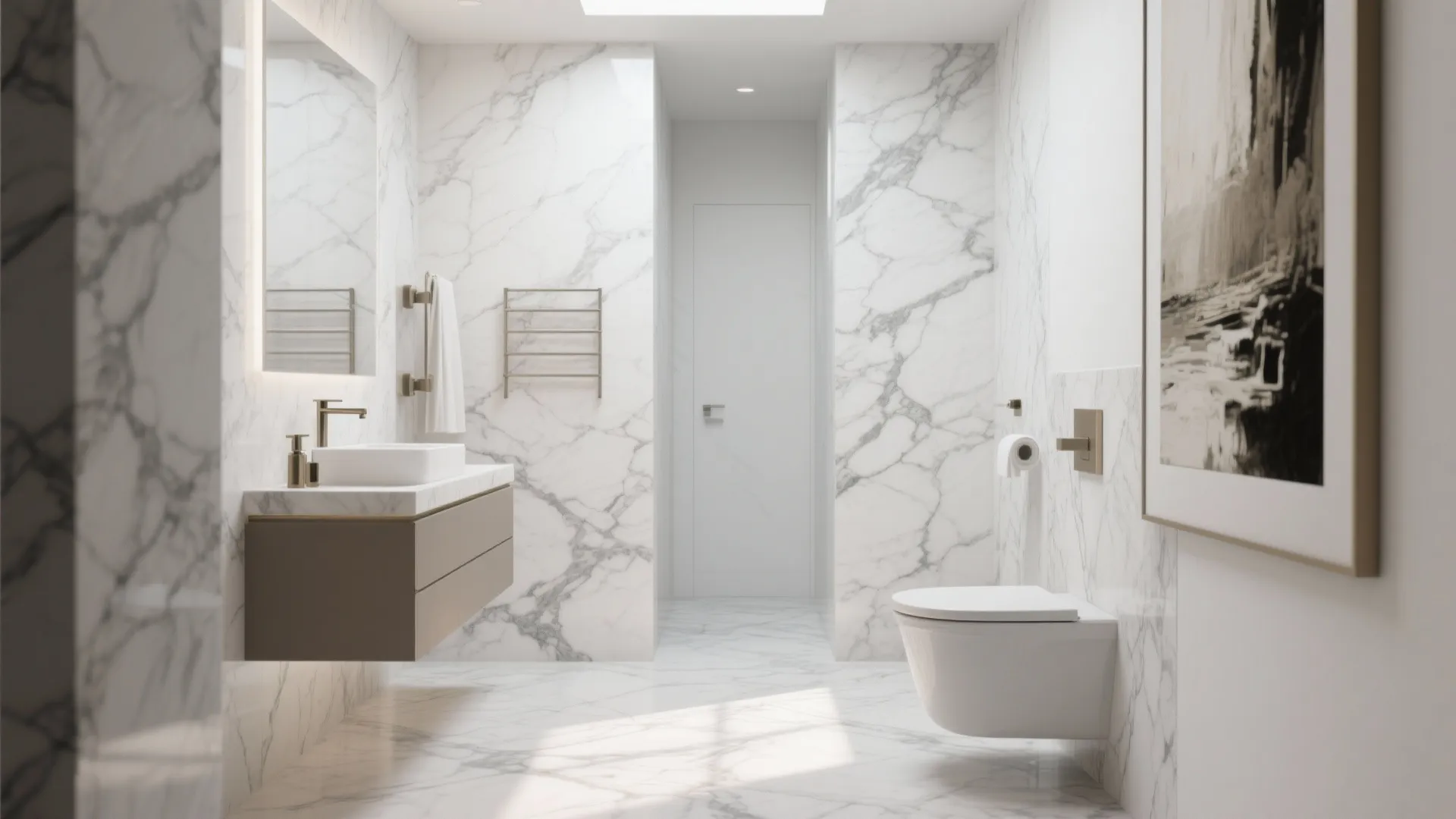 Small bathroom with luxurious white marble floor with bold gray veining