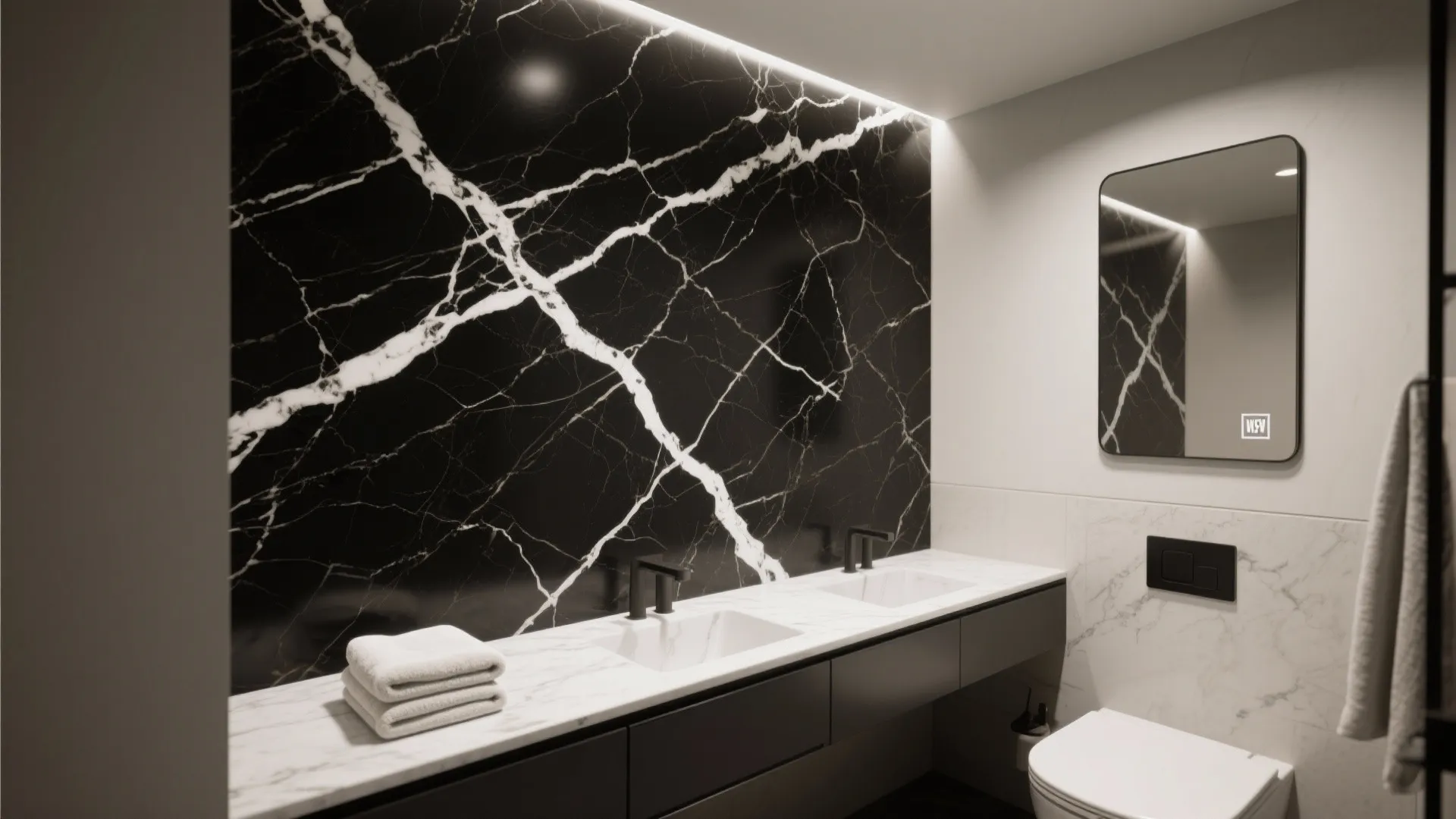 Bathroom interior featuring bold black marble wall panel double white sinks and a large mirror