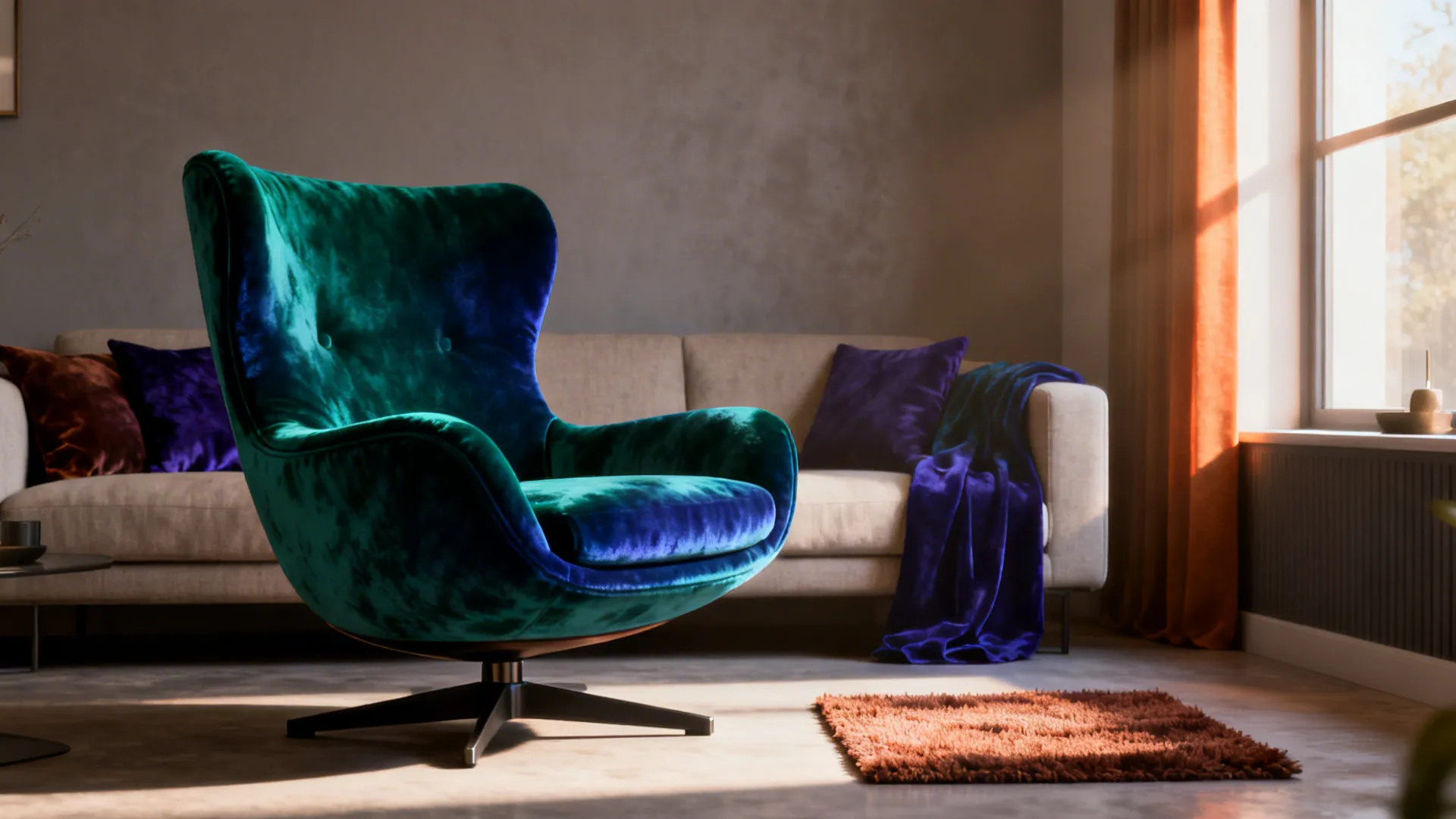 Small living room with a jewel-toned velvet swivel chair serving as the focal point.