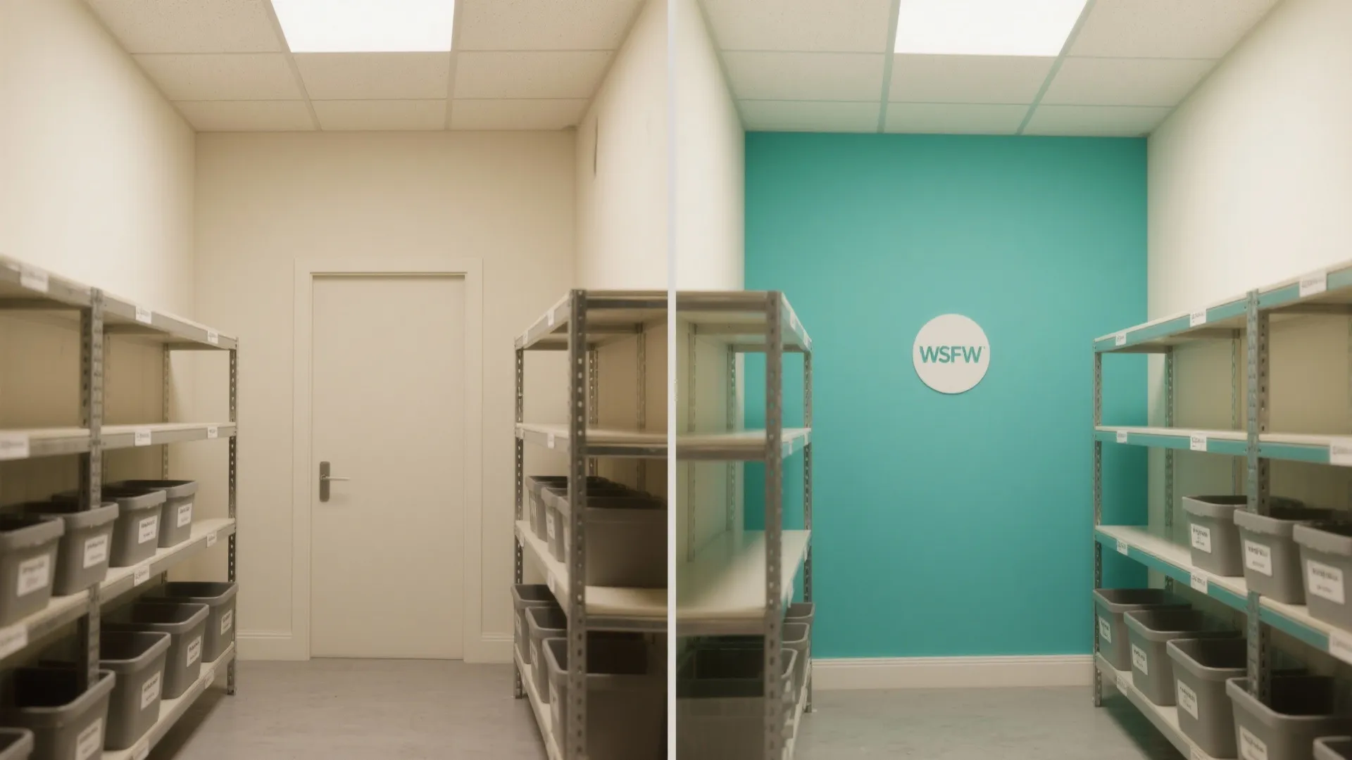 Before and after comparison of a storage room with white walls versus a turquoise wall