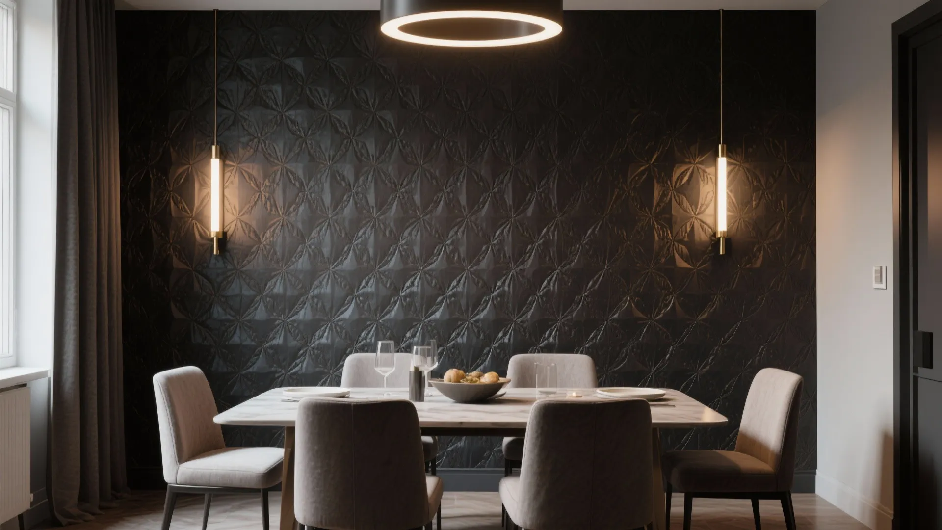 Dining room with bold statement wall and slim modern sconces