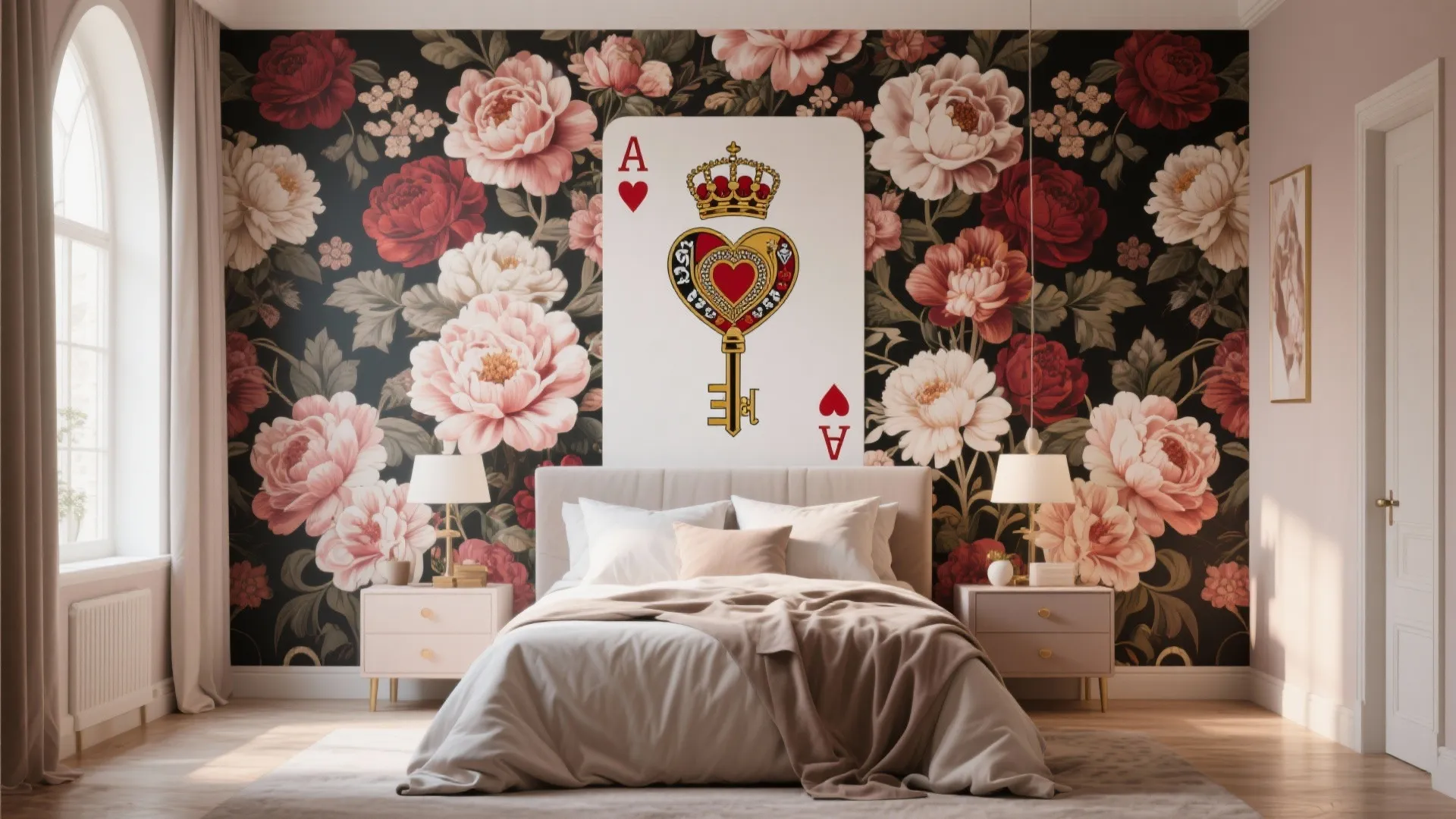 Bedroom wall with oversized floral and Queen of Hearts motifs