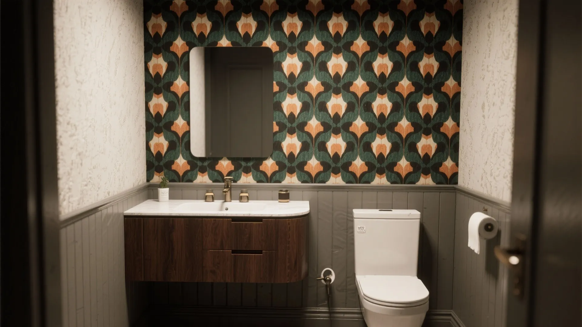 Small bathroom featuring green pattern wallpaper a wood cabinet white toilet and grey wall panels