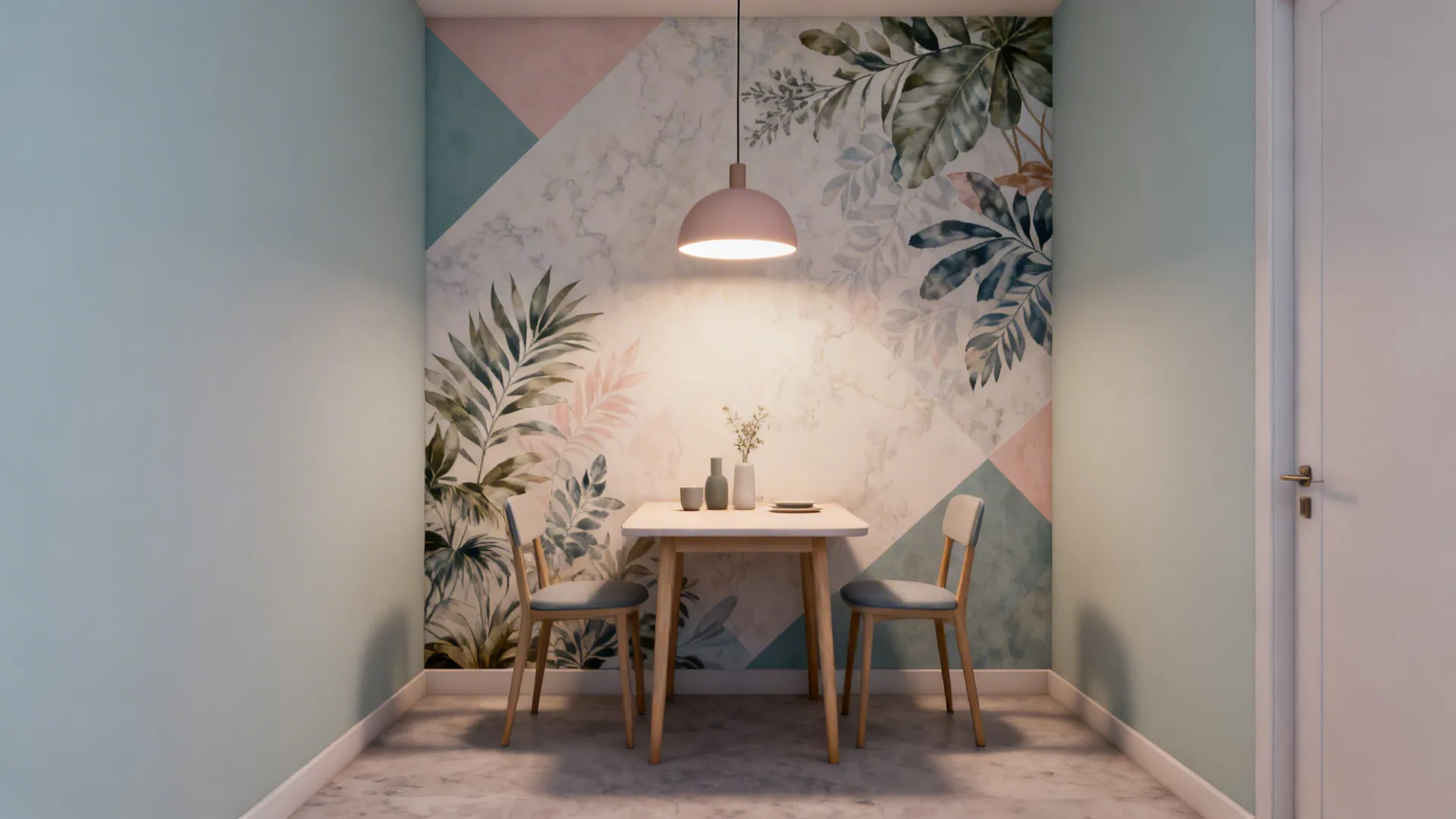 Small dining nook with a botanical accent wallpaper on one wall and warm pendant lighting.