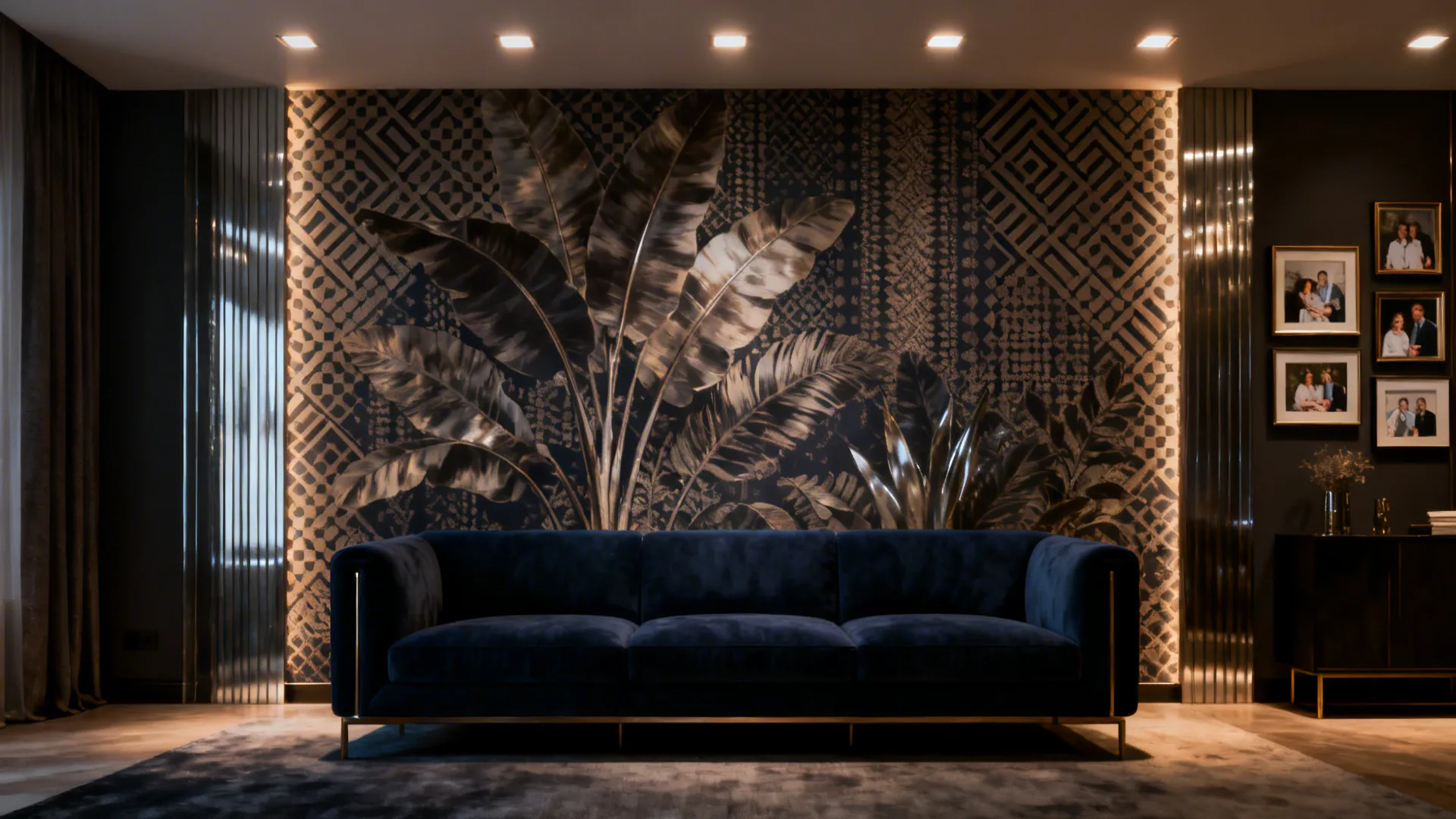 Living room with navy sofa and a bold patterned feature wallpaper highlighted by recessed lighting.