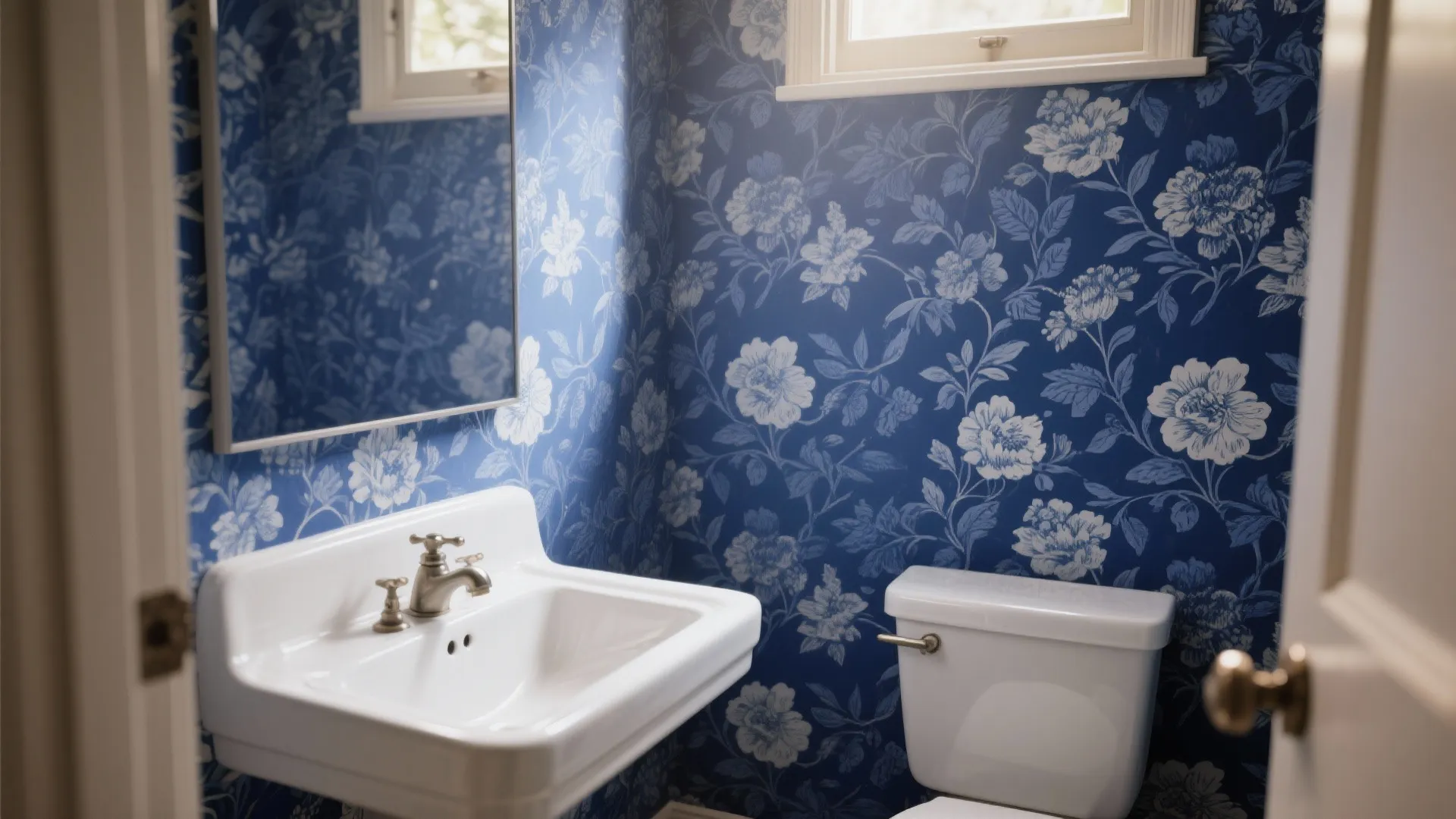 Small bathroom featuring blue floral wallpaper with white sink white toilet and a silver faucet