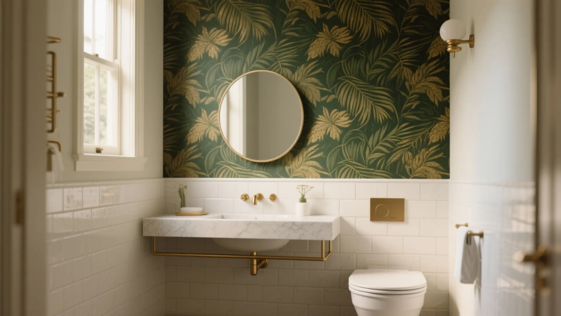 Bathroom interior design featuring green leaf wallpaper a round mirror and marble sink with gold