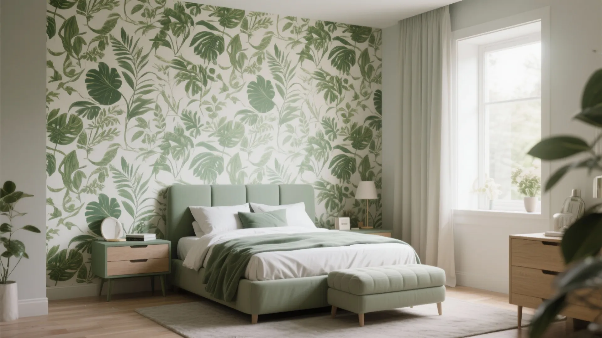 Bedroom with bold botanical wallpaper behind the bed